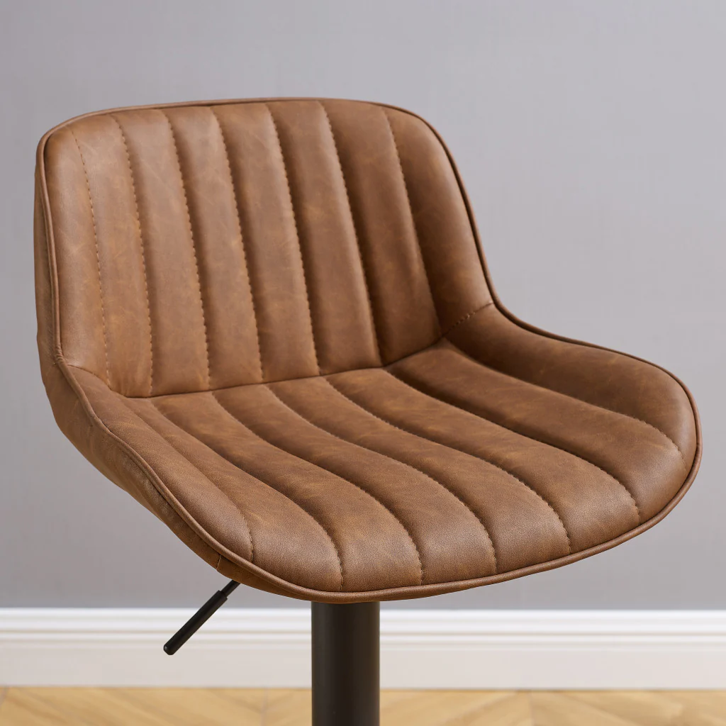 Set of Two Brown And Black Faux Leather And Steel Swivel Low Back Adjustable Height Bar Chairs By Homeroots - Image 2