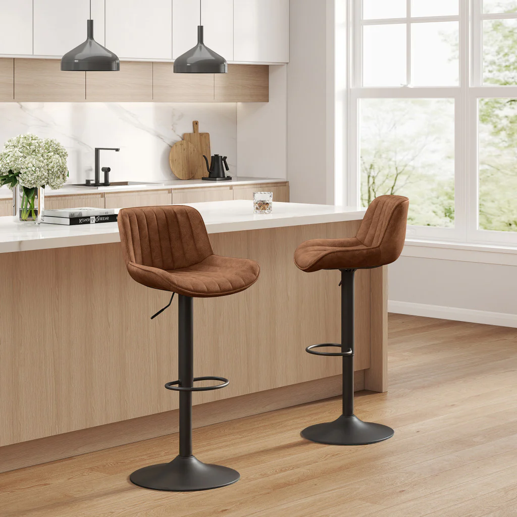 Set of Two Brown And Black Faux Leather And Steel Swivel Low Back Adjustable Height Bar Chairs By Homeroots - Image 7