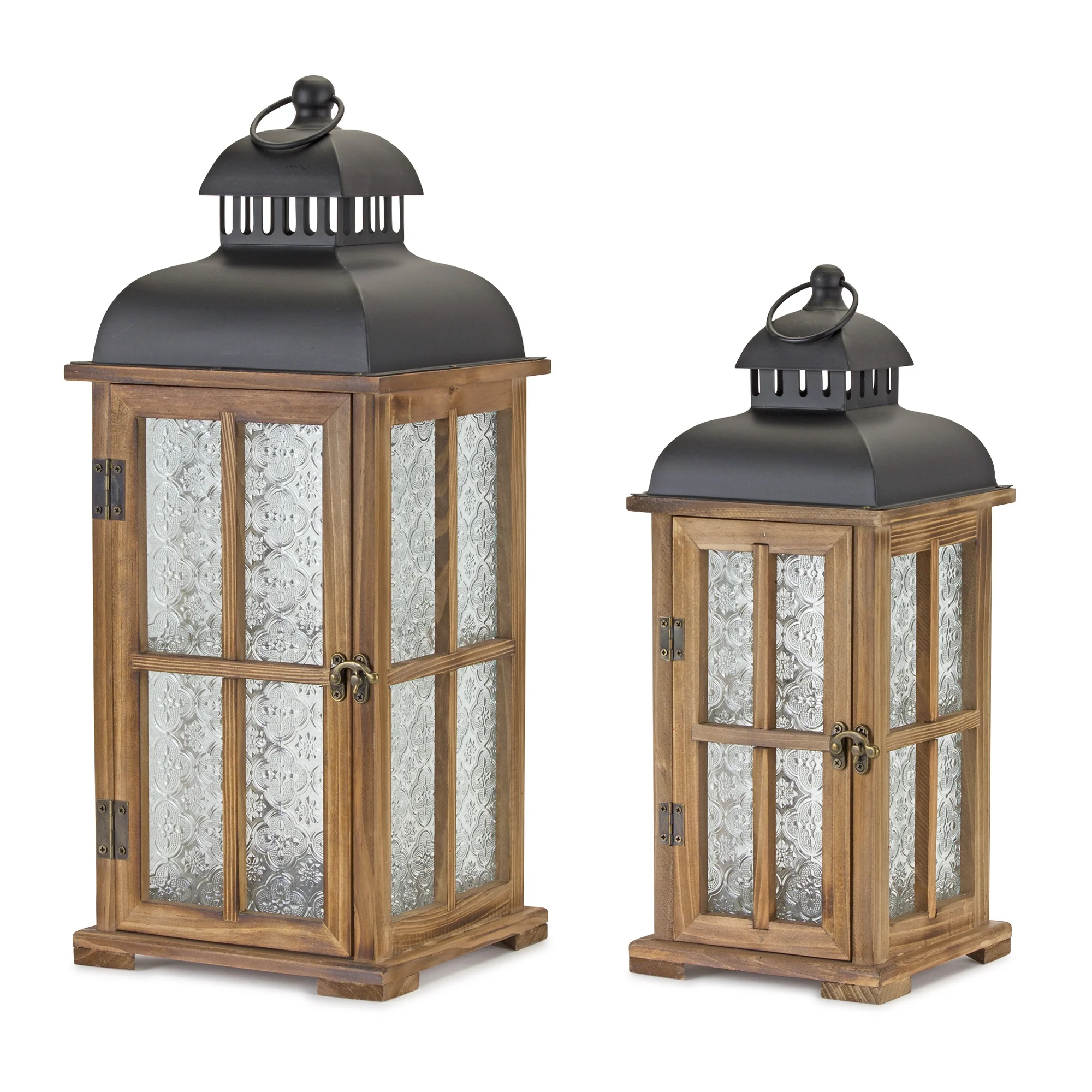 Set of Two Brown and Black Frosted Glass Wood and Metal Floor Lantern Candle Holders By Homeroots - Image 2