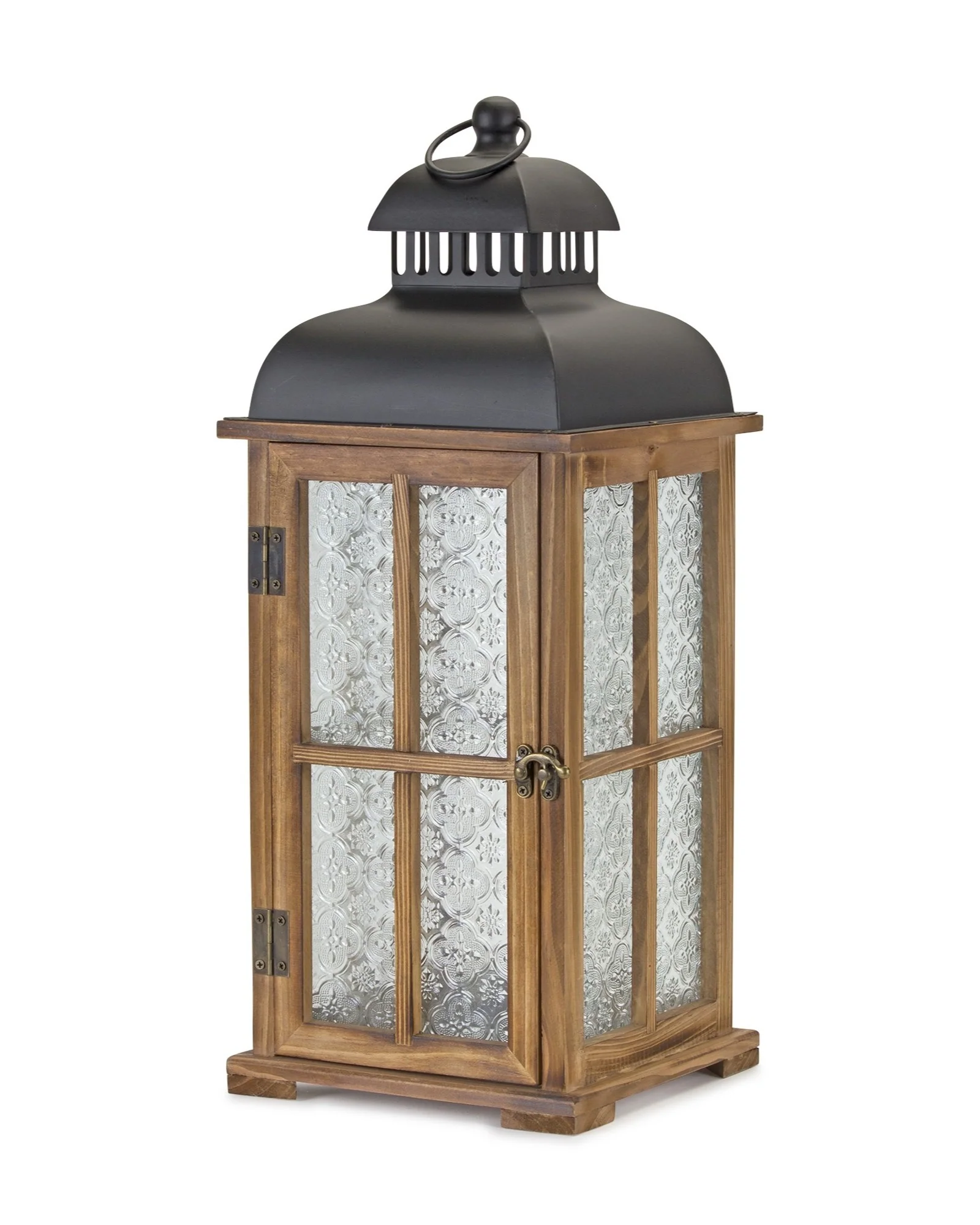 Set of Two Brown and Black Frosted Glass Wood and Metal Floor Lantern Candle Holders By Homeroots - Image 3