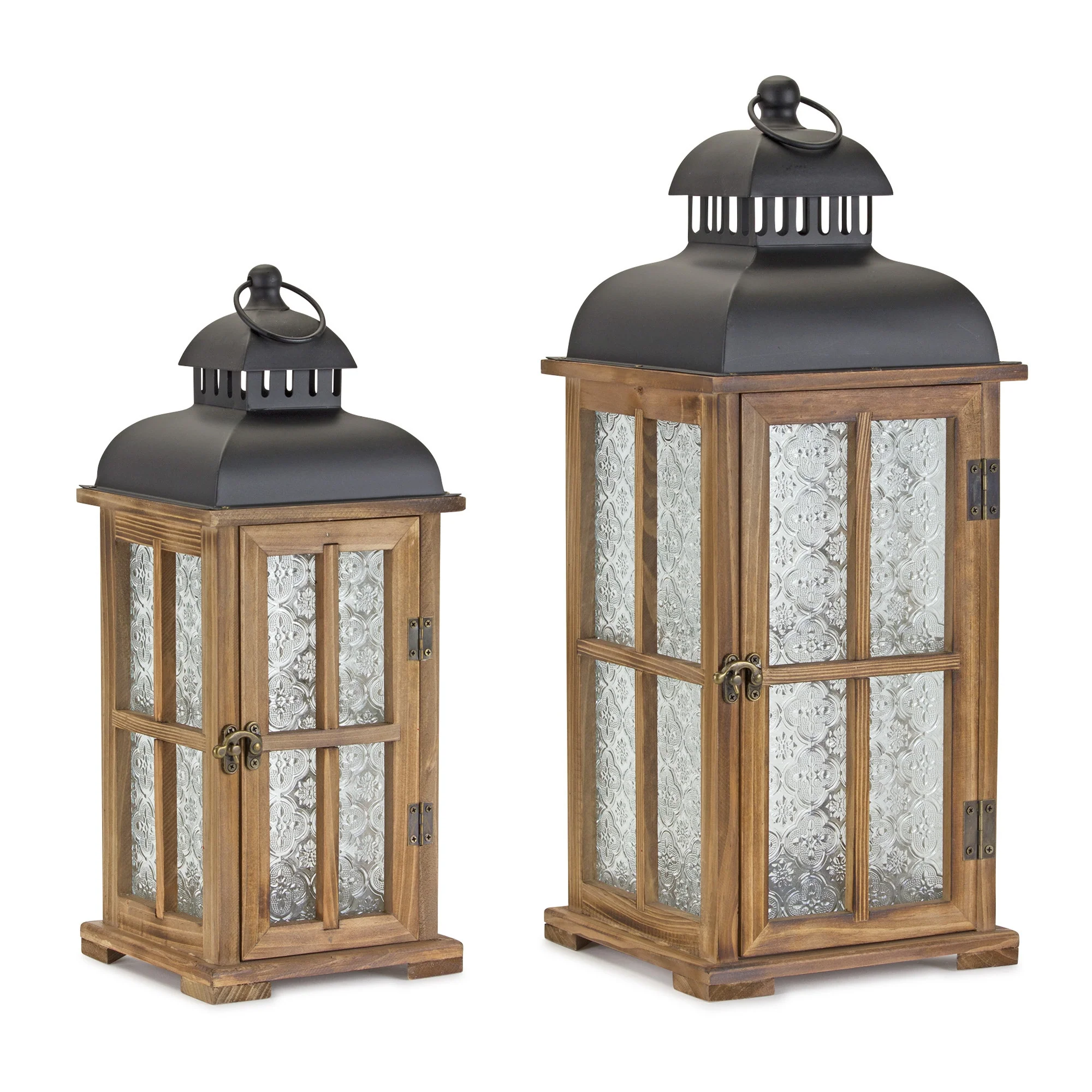 Set of Two Brown and Black Frosted Glass Wood and Metal Floor Lantern Candle Holders By Homeroots - Image 5