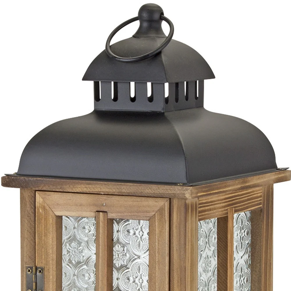Set of Two Brown and Black Frosted Glass Wood and Metal Floor Lantern Candle Holders By Homeroots - Image 7