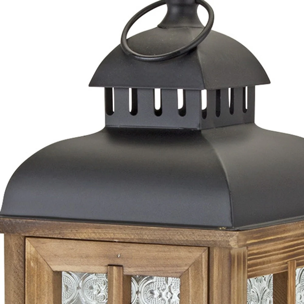 Set of Two Brown and Black Frosted Glass Wood and Metal Floor Lantern Candle Holders By Homeroots - Image 8
