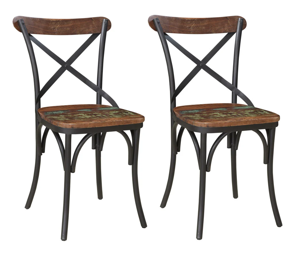 Set of Two Brown And Black Metal And Wood Cross Back Dining Side Chairs By Homeroots - Image 7