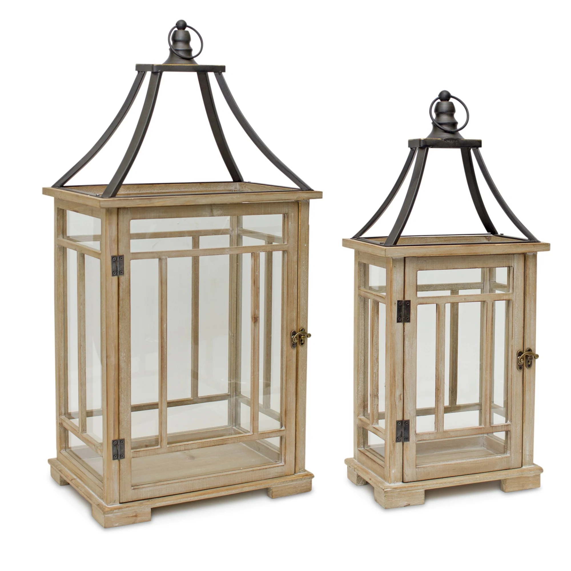 Set of Two Brown and Black Wood and Metal Geometric Tabletop Lantern Candle Holders By Homeroots - Image 4