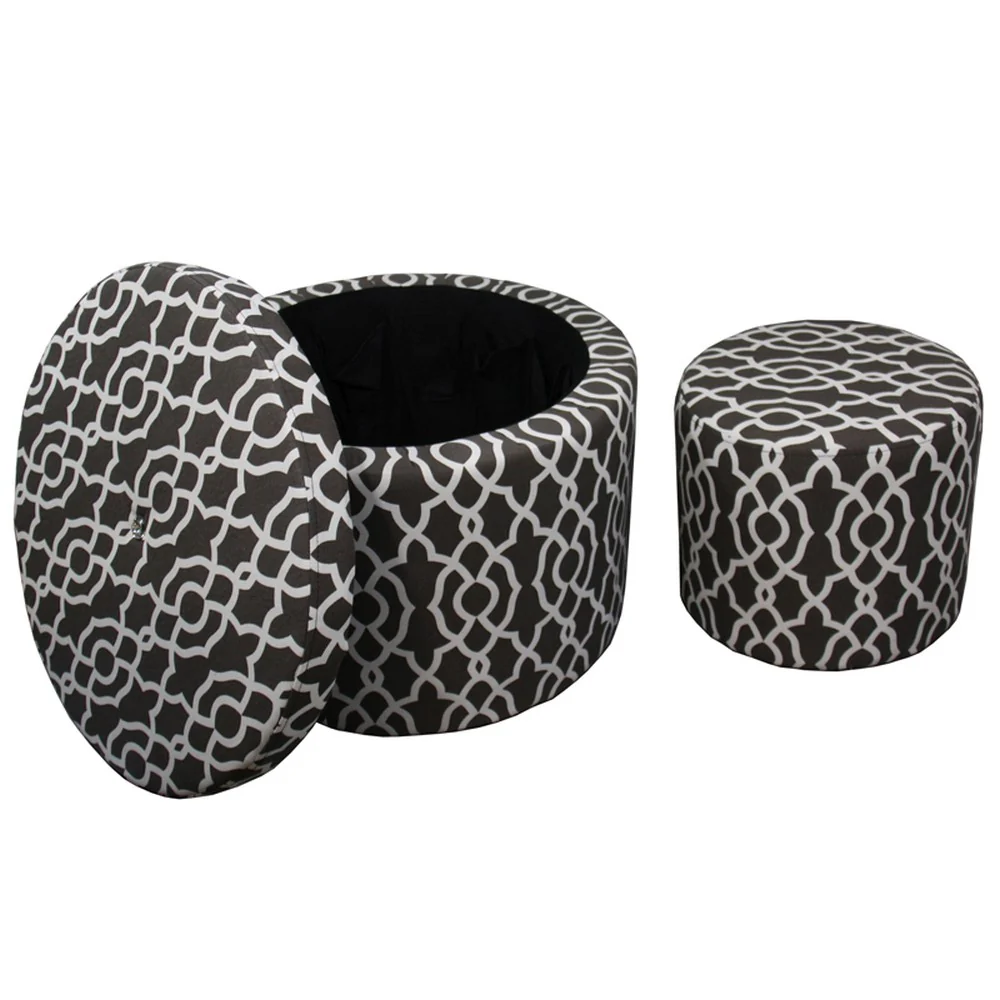 Set of Two Brown and White Lattice Round Ottomans By Homeroots - Image 2