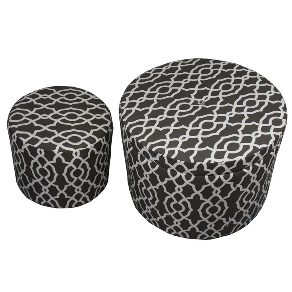 Set of Two Brown and White Lattice Round Ottomans By Homeroots - Image 3