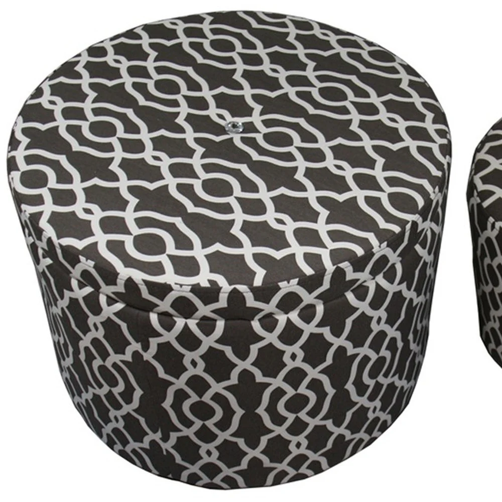 Set of Two Brown and White Lattice Round Ottomans By Homeroots - Image 4