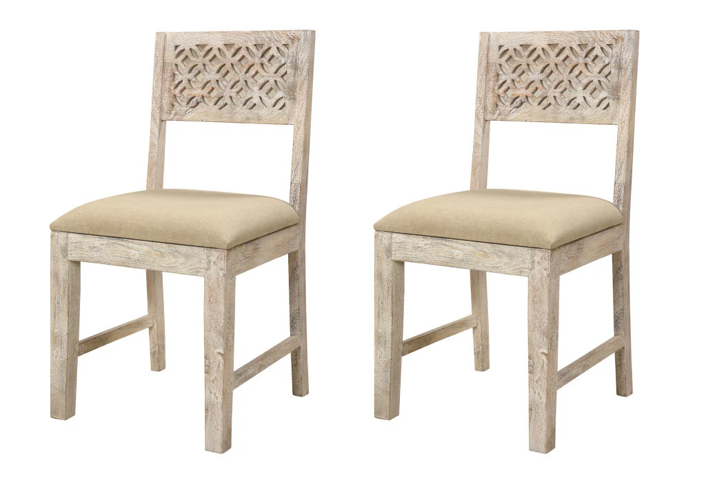 Set of Two Brown And White Upholstered Fabric Carved Back Dining Side Chairs By Homeroots - Image 6