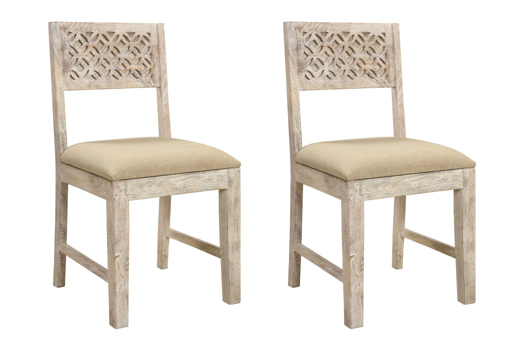 Set of Two Brown And White Upholstered Fabric Carved Back Dining Side Chairs By Homeroots - Image 7