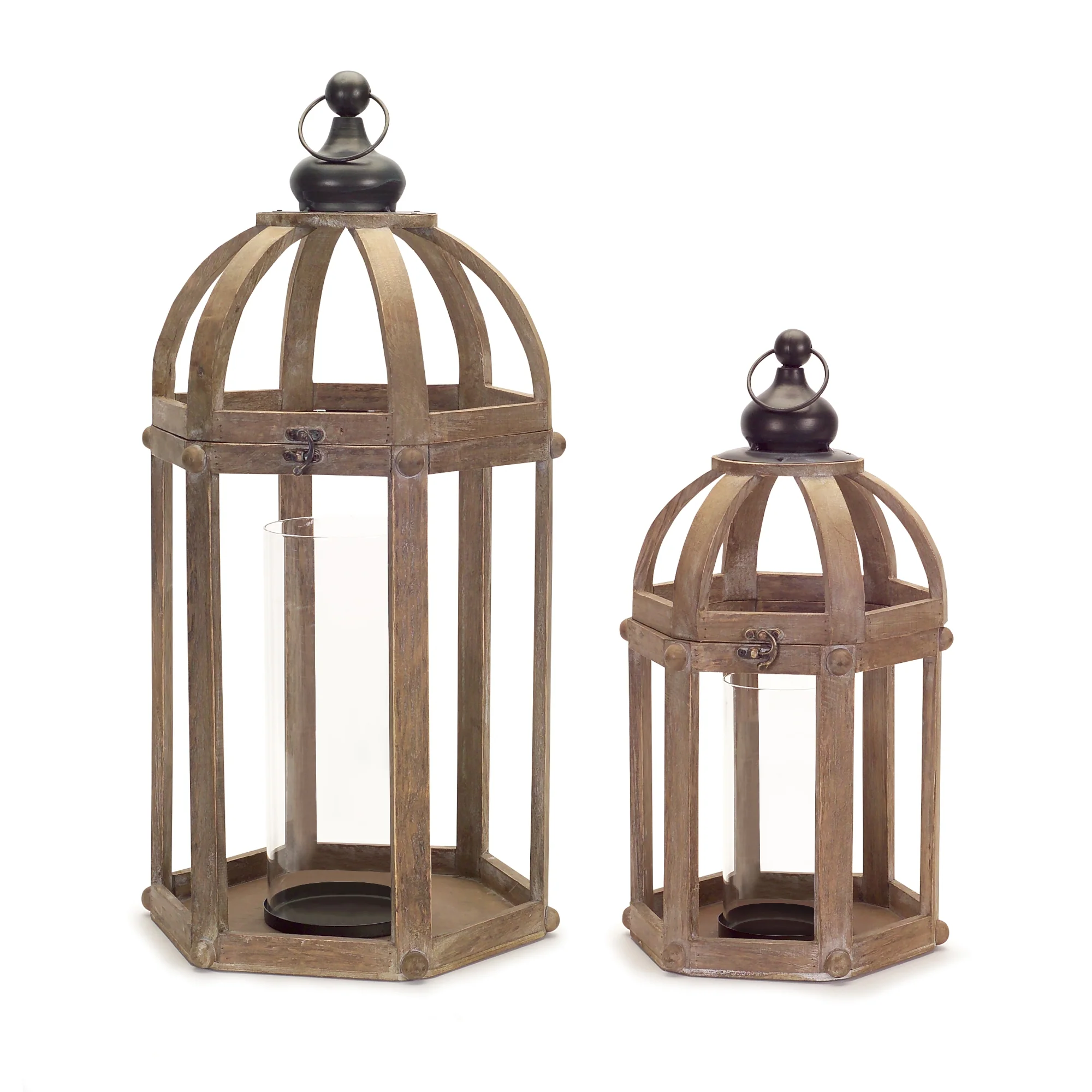 Set of Two Brown Wood and Glass Floor Lantern Candle Holders By Homeroots - Image 2