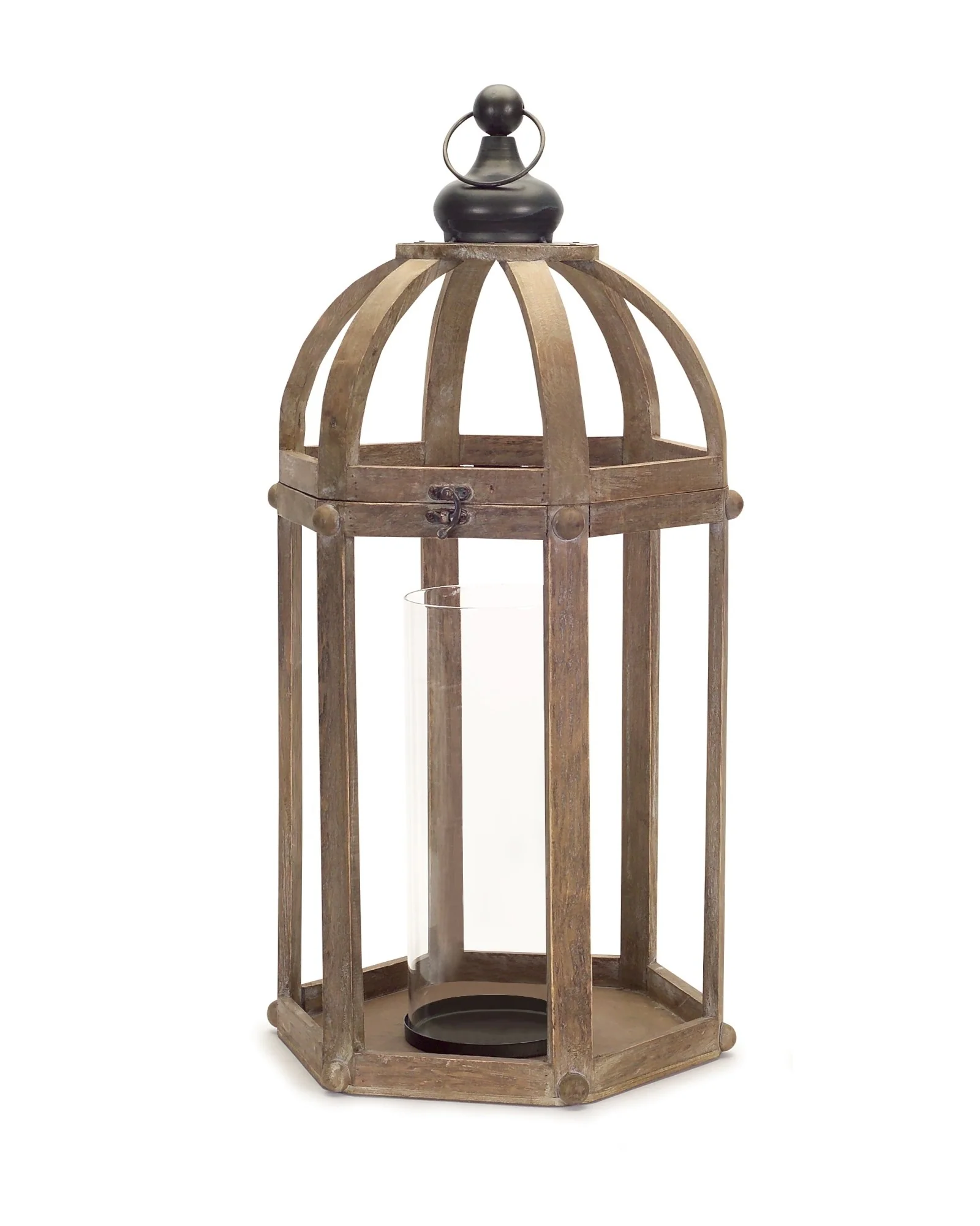 Set of Two Brown Wood and Glass Floor Lantern Candle Holders By Homeroots - Image 3