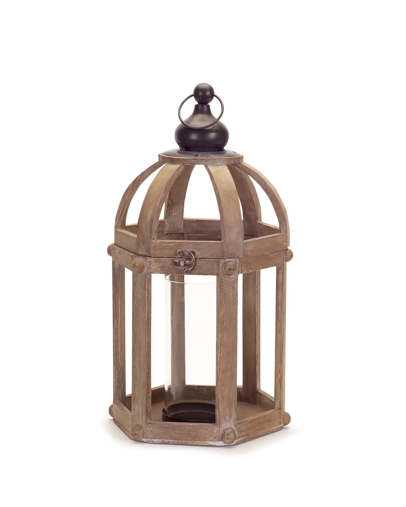 Set of Two Brown Wood and Glass Floor Lantern Candle Holders By Homeroots - Image 4