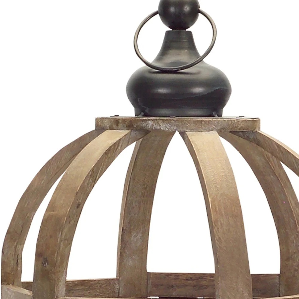 Set of Two Brown Wood and Glass Floor Lantern Candle Holders By Homeroots - Image 5