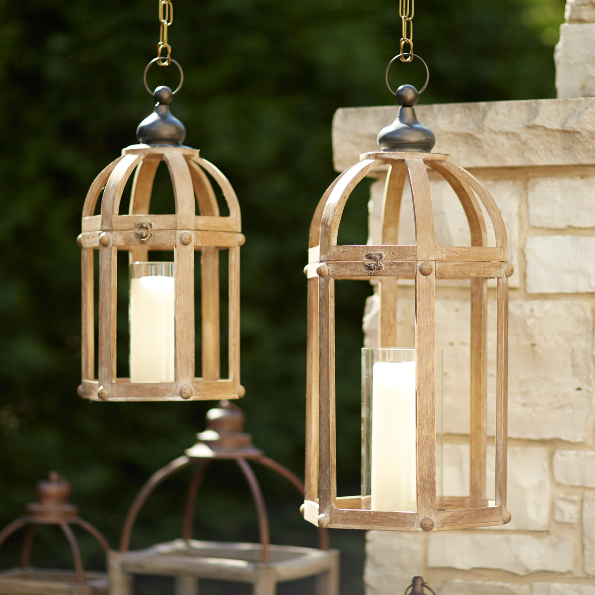 Set of Two Brown Wood and Glass Floor Lantern Candle Holders By Homeroots - Image 6