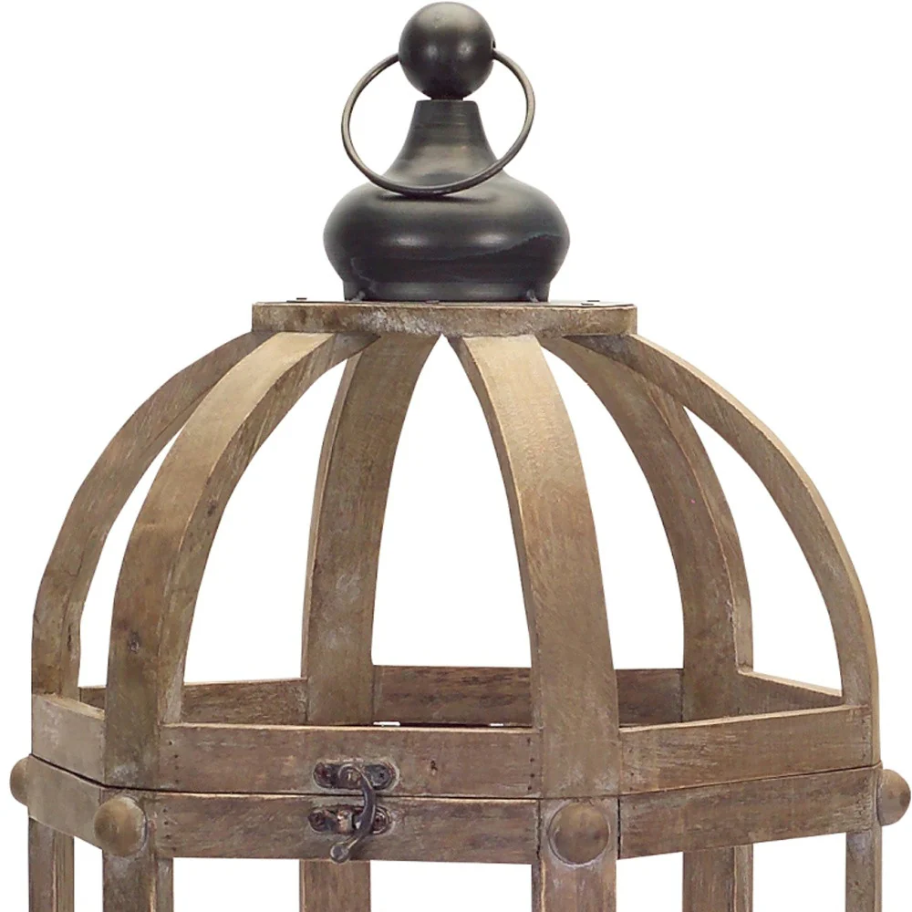 Set of Two Brown Wood and Glass Floor Lantern Candle Holders By Homeroots - Image 8
