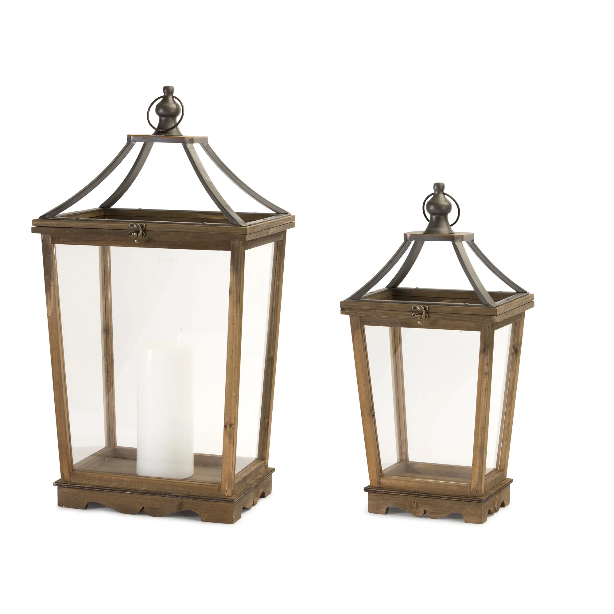Set of Two Brown Wood and Metal Geometric Floor Lantern Candle Holders By Homeroots - Image 2