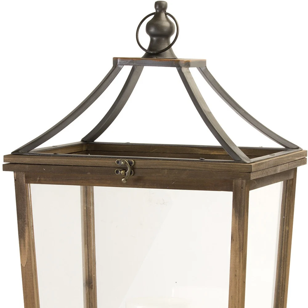 Set of Two Brown Wood and Metal Geometric Floor Lantern Candle Holders By Homeroots - Image 3