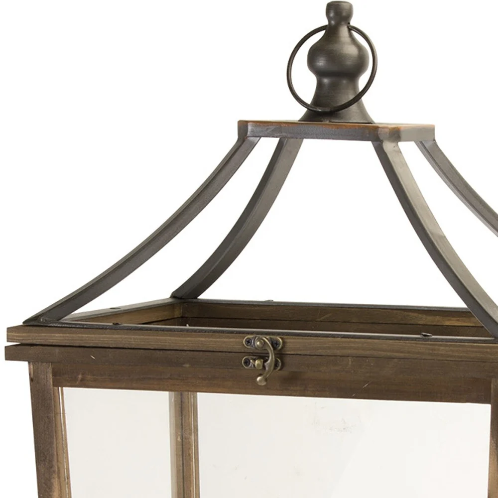 Set of Two Brown Wood and Metal Geometric Floor Lantern Candle Holders By Homeroots - Image 4