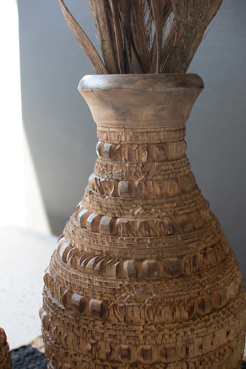 Set Of Two Carved Wooden Vases By Kalalou - Image 2