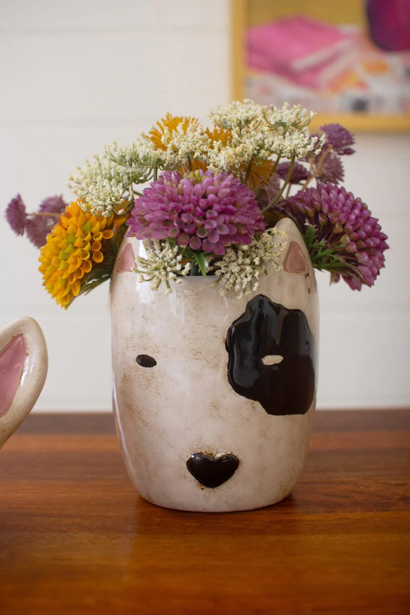 Set Of Two Ceramic Black And White Dog Head Planters (Min 2) By Kalalou - Image 4