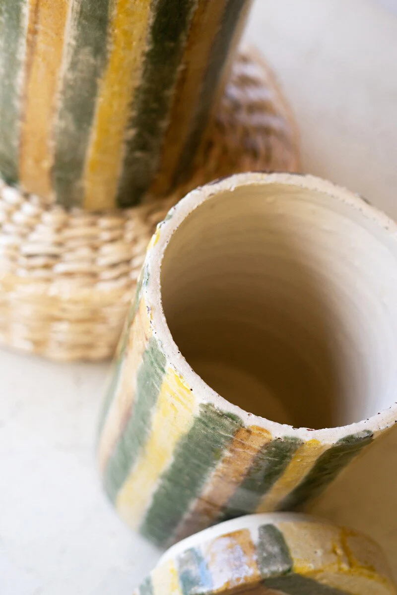 Set Of Two Ceramic Canisters - Olive And Tobacco Stripes By Kalalou - Image 2