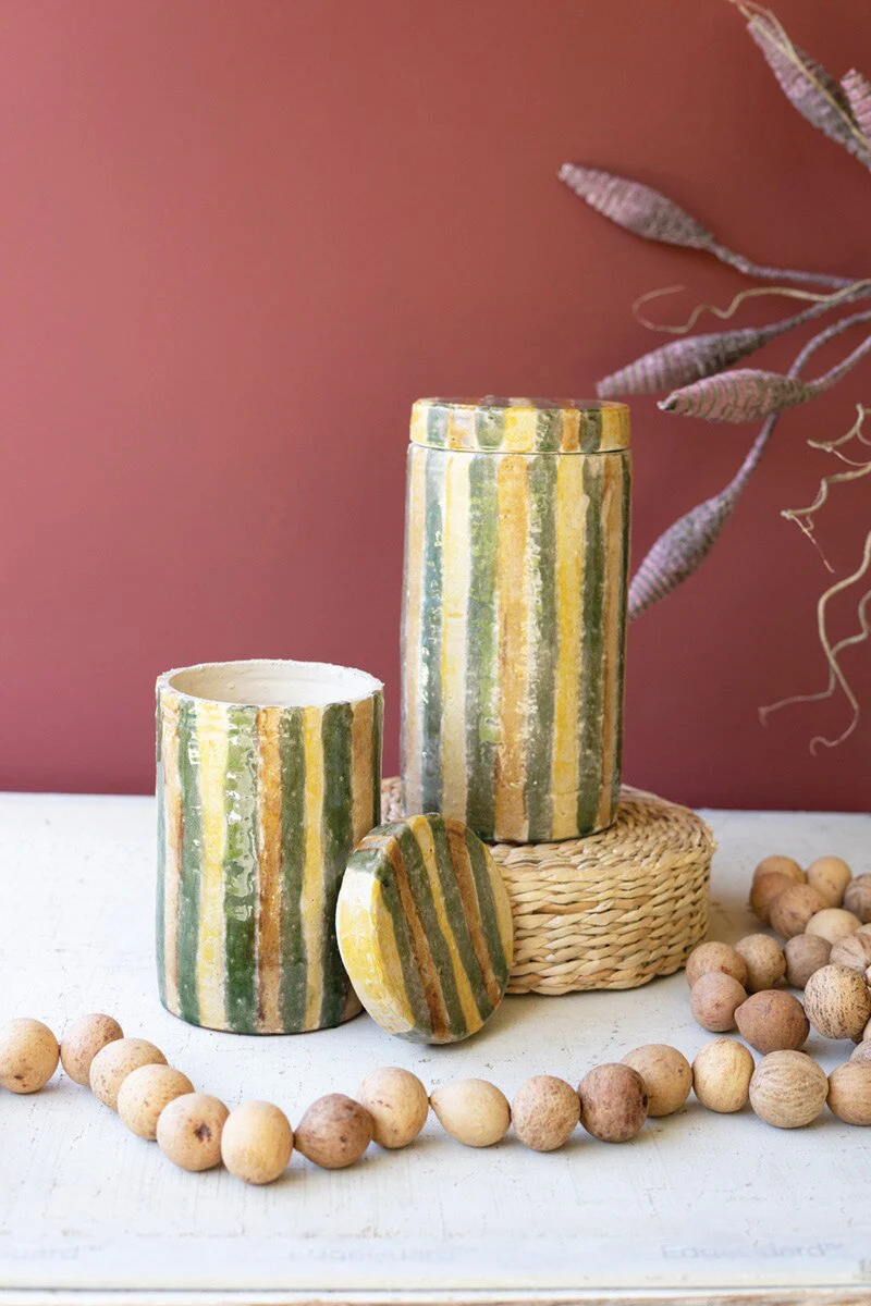 Set Of Two Ceramic Canisters - Olive And Tobacco Stripes By Kalalou - Image 3