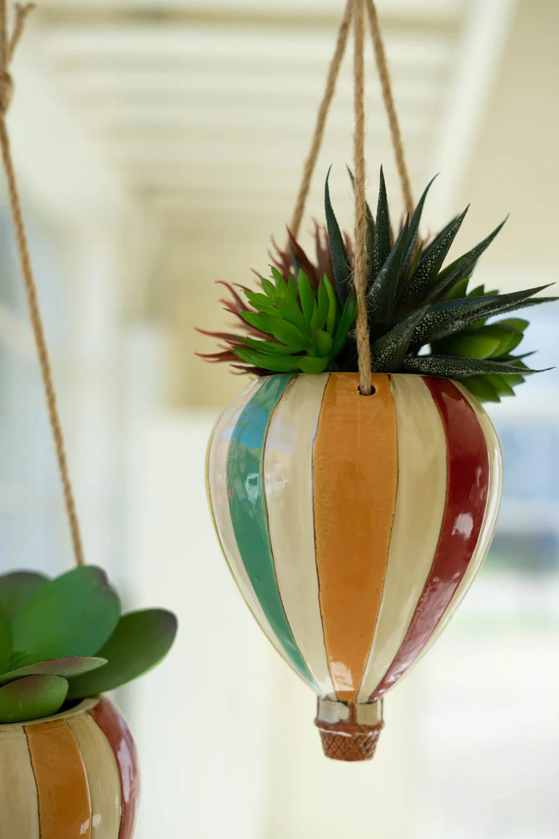 Set Of Two Ceramic Hot Air Balloon Hanging Planters By Kalalou - Image 2