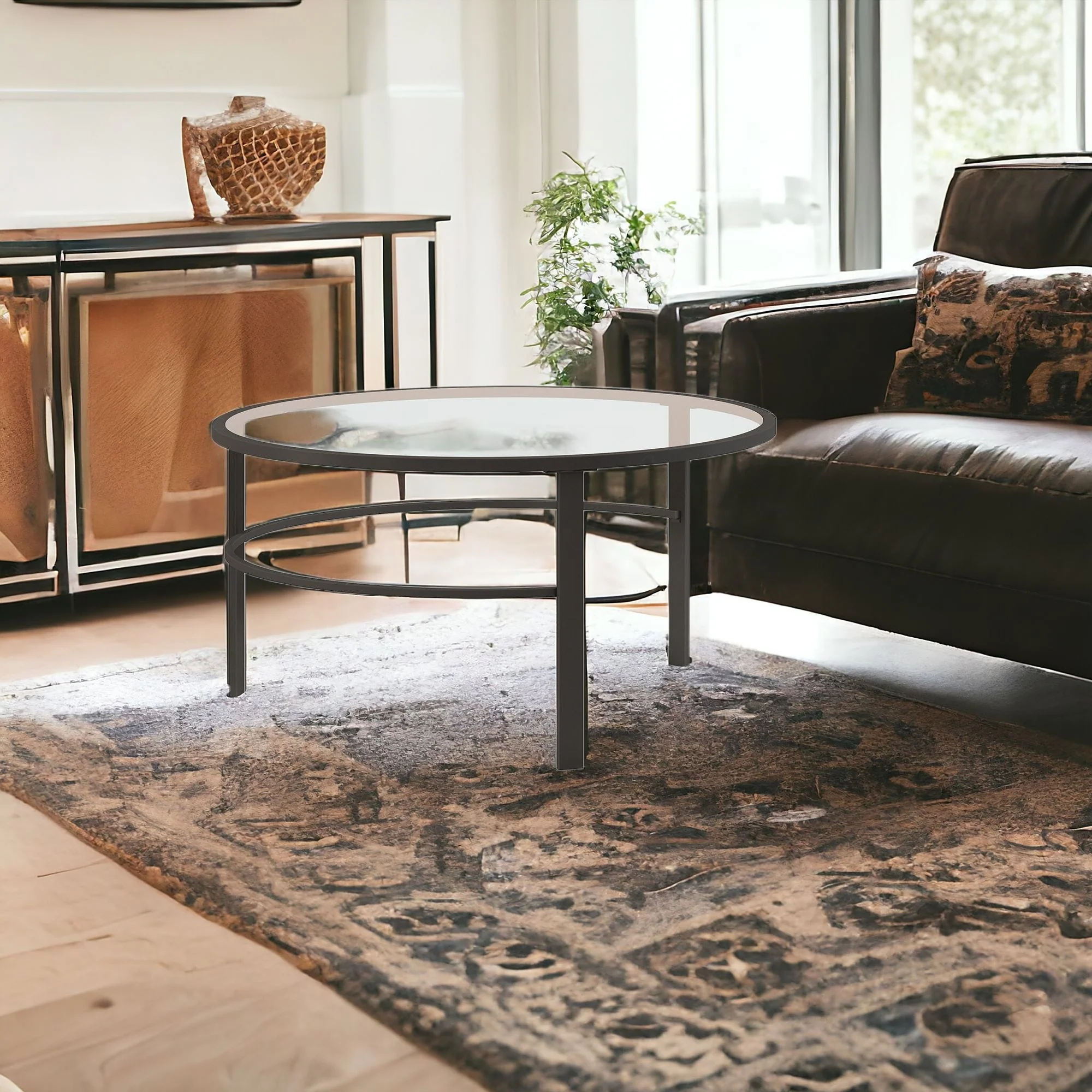 Set of Two Clear And Black Glass And Steel Round Nested Coffee Tables By Homeroots - Image 7