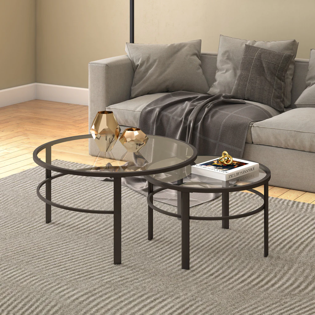 Set of Two Clear And Black Glass And Steel Round Nested Coffee Tables By Homeroots - Image 8
