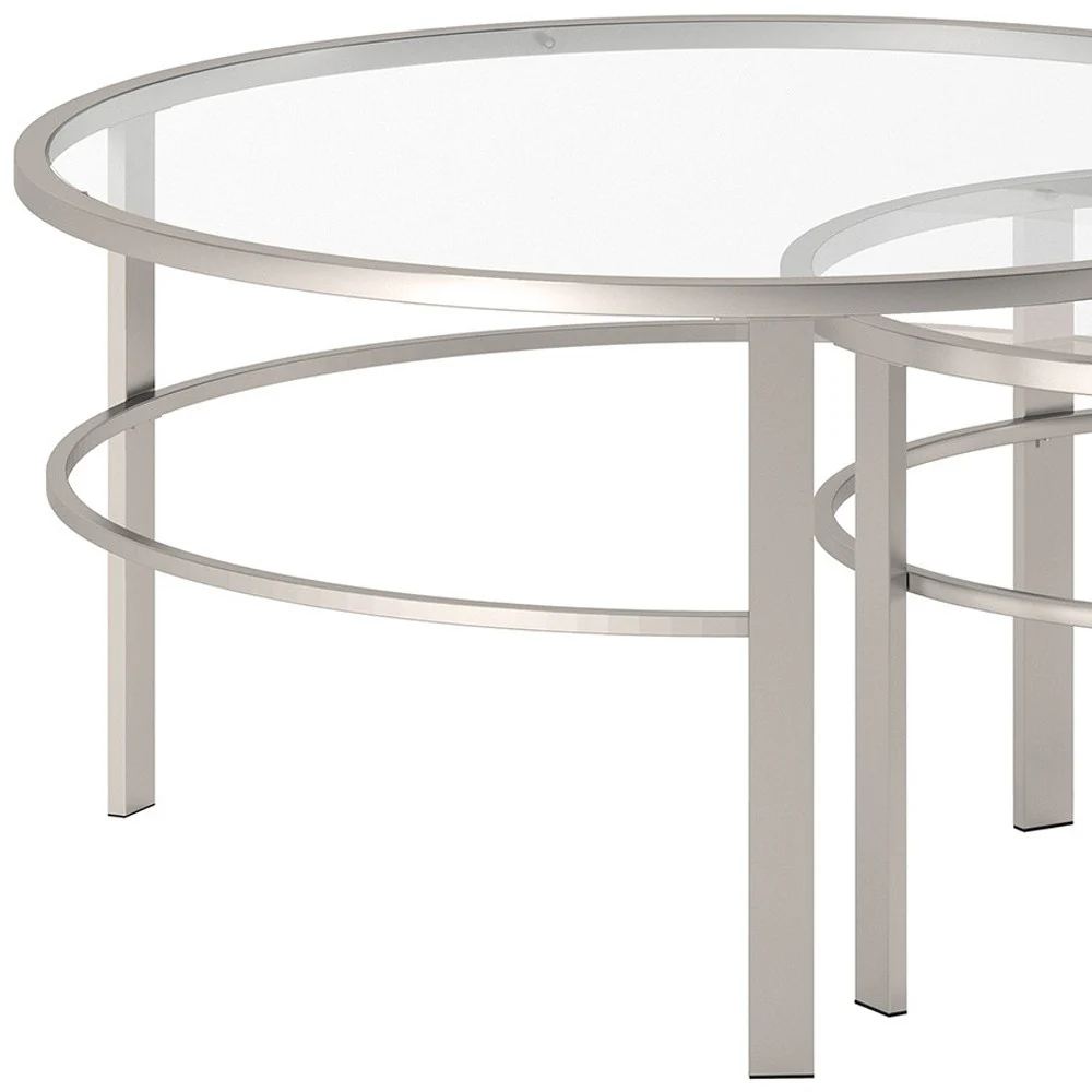 Set of Two Clear and Silver Glass And Steel Round Nested Coffee Tables By Homeroots - Image 4