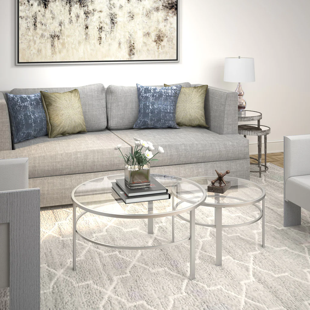 Set of Two Clear and Silver Glass And Steel Round Nested Coffee Tables By Homeroots - Image 6