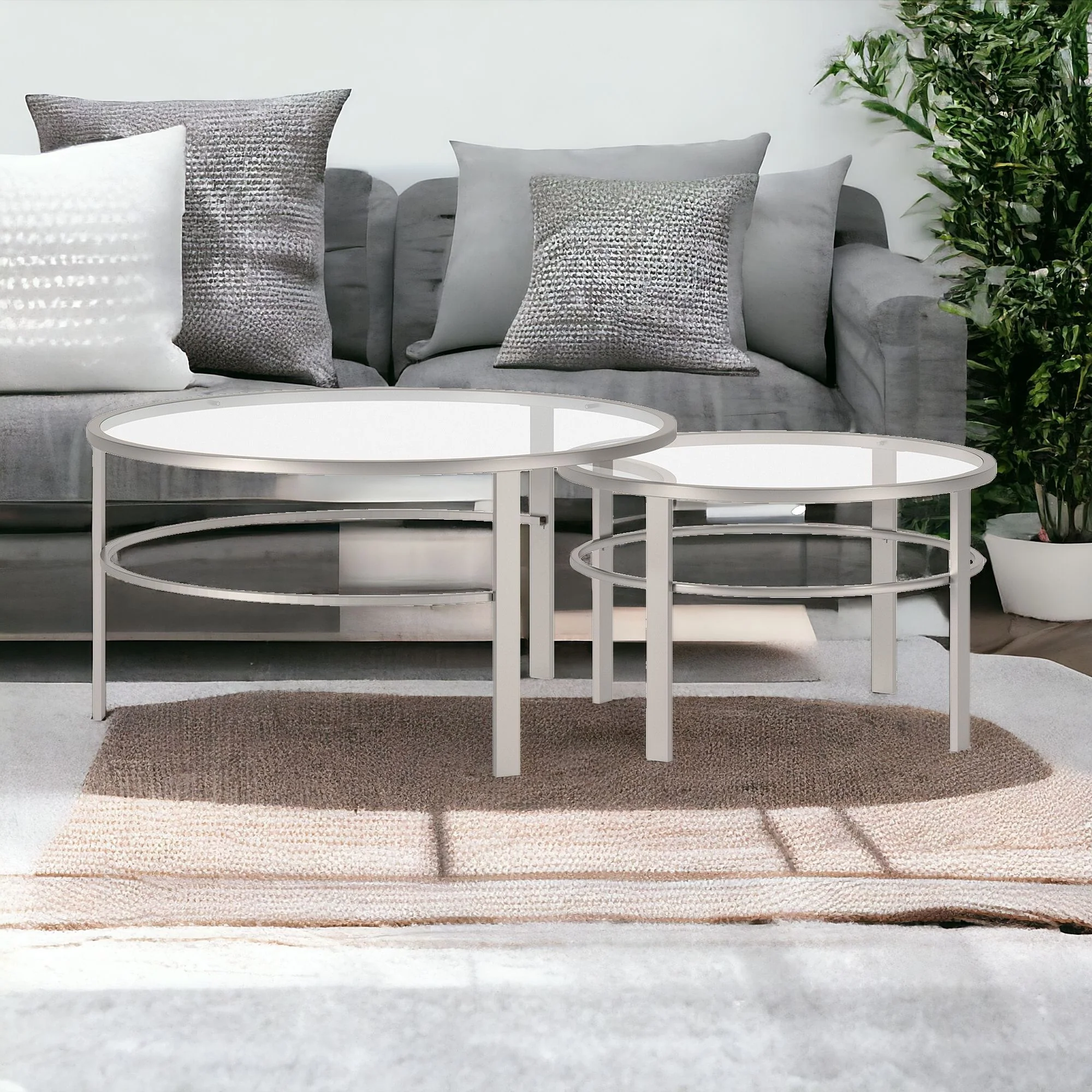 Set of Two Clear and Silver Glass And Steel Round Nested Coffee Tables By Homeroots - Image 7