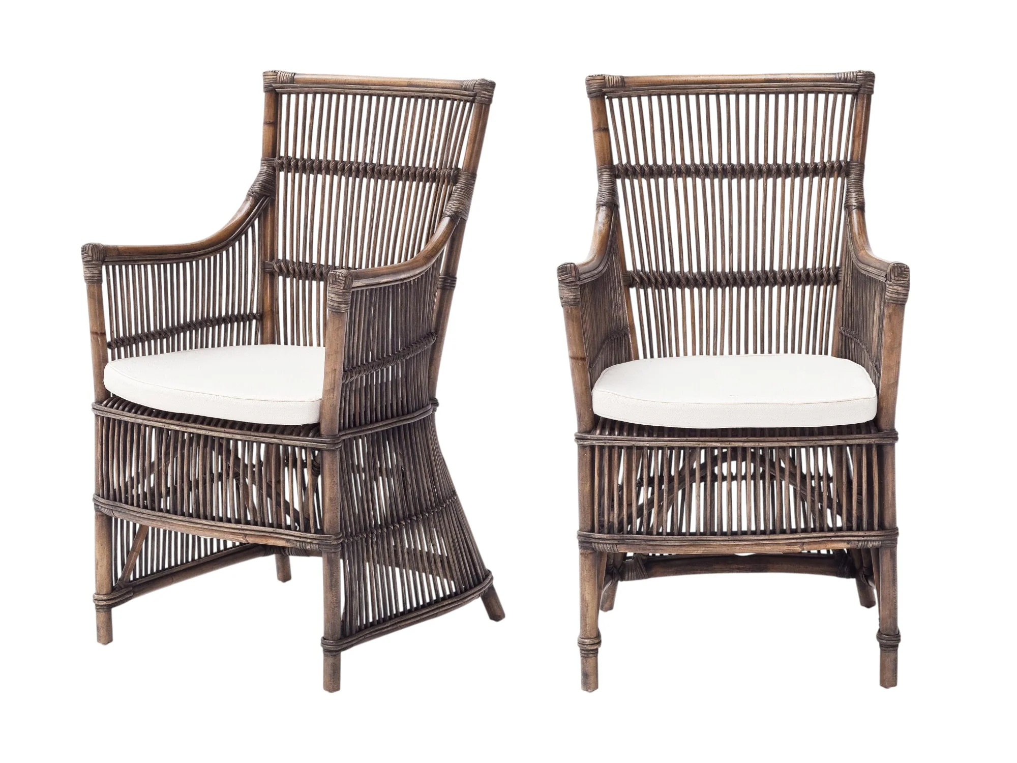 Set of Two Cream And Dark Brown Rattan Slat Back Dining Arm Chairs By Homeroots - Image 2