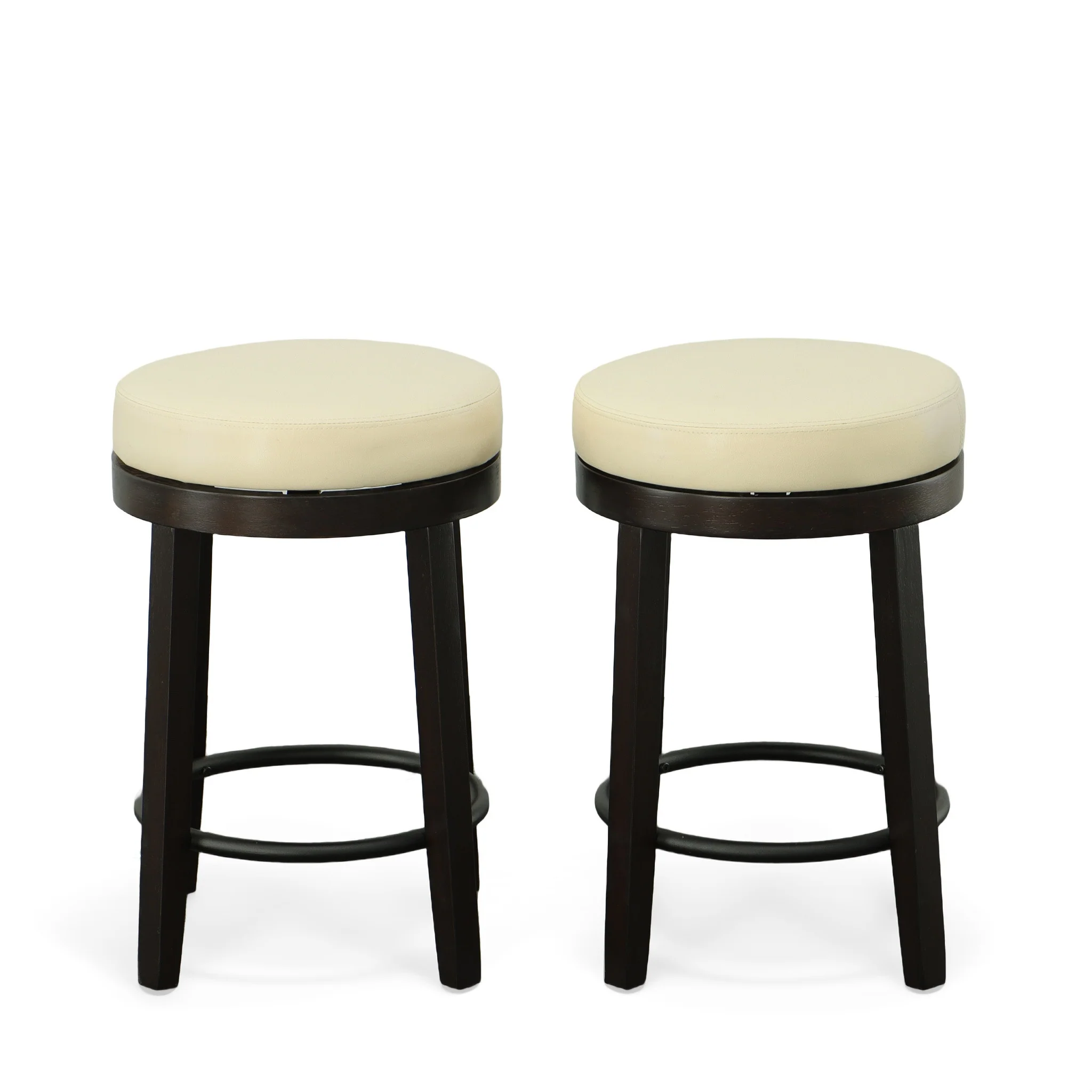Set of Two Cream and Espresso Faux Leather and Solid Wood Backless Counter Height Swivel Bar Chairs By Homeroots - Image 2