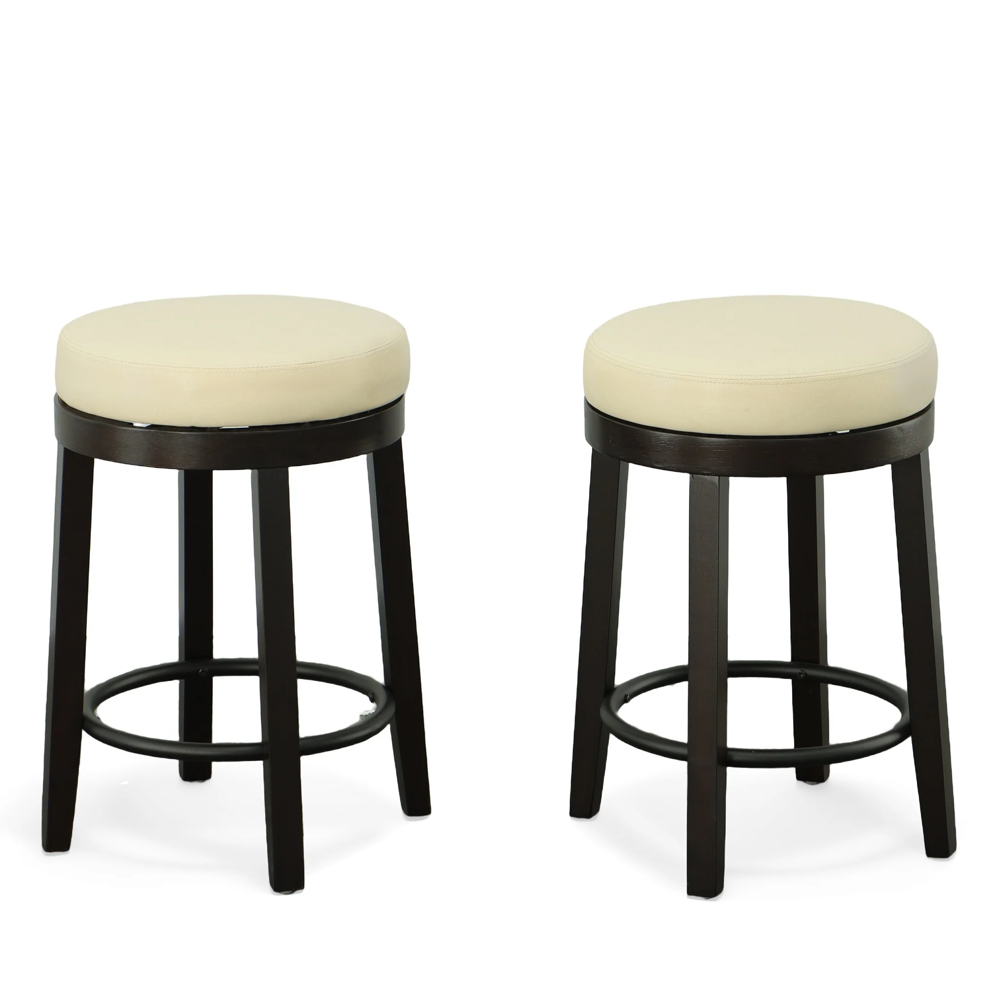 Set of Two Cream and Espresso Faux Leather and Solid Wood Backless Counter Height Swivel Bar Chairs By Homeroots - Image 3