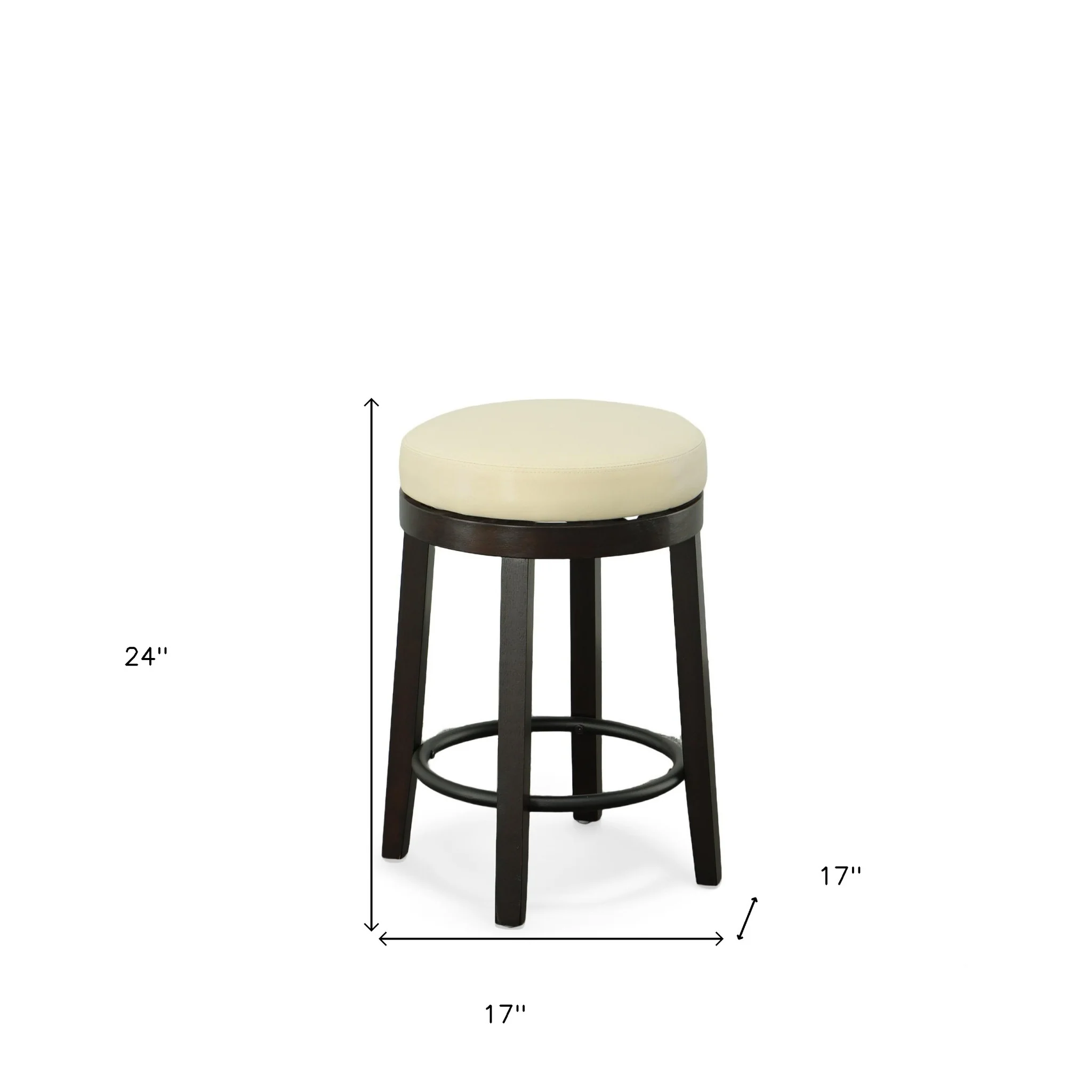 Set of Two Cream and Espresso Faux Leather and Solid Wood Backless Counter Height Swivel Bar Chairs By Homeroots - Image 5