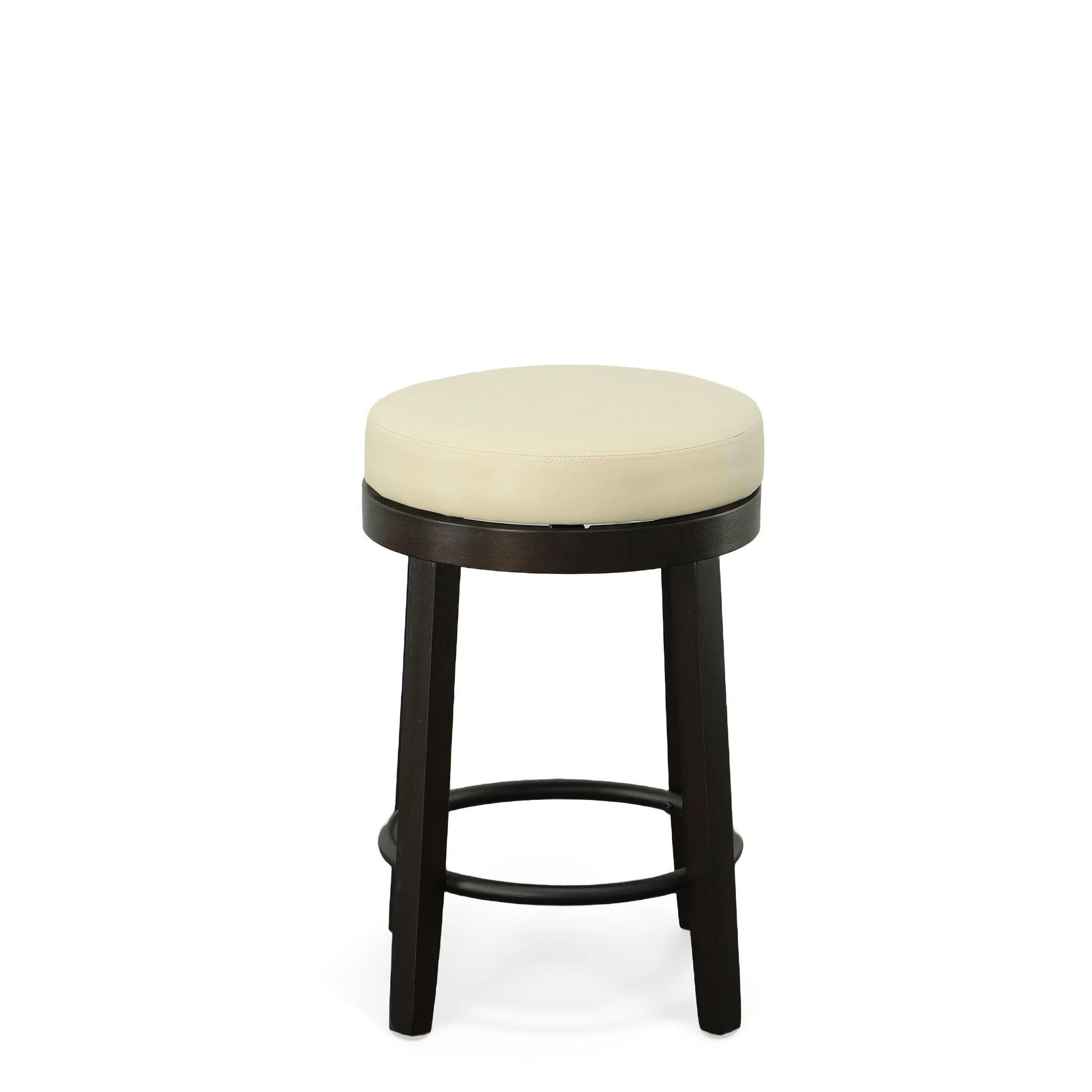 Set of Two Cream and Espresso Faux Leather and Solid Wood Backless Counter Height Swivel Bar Chairs By Homeroots - Image 6