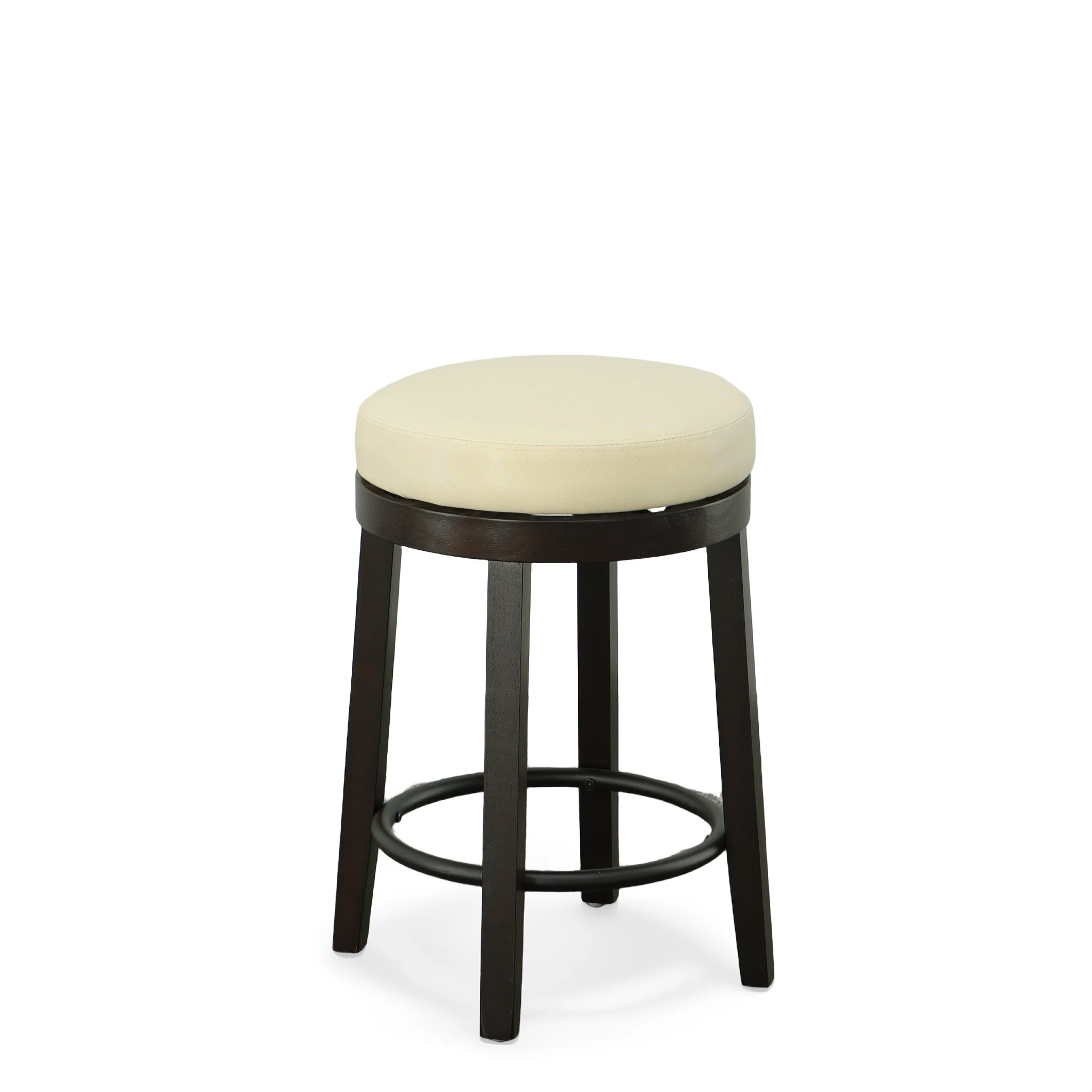 Set of Two Cream and Espresso Faux Leather and Solid Wood Backless Counter Height Swivel Bar Chairs By Homeroots - Image 7
