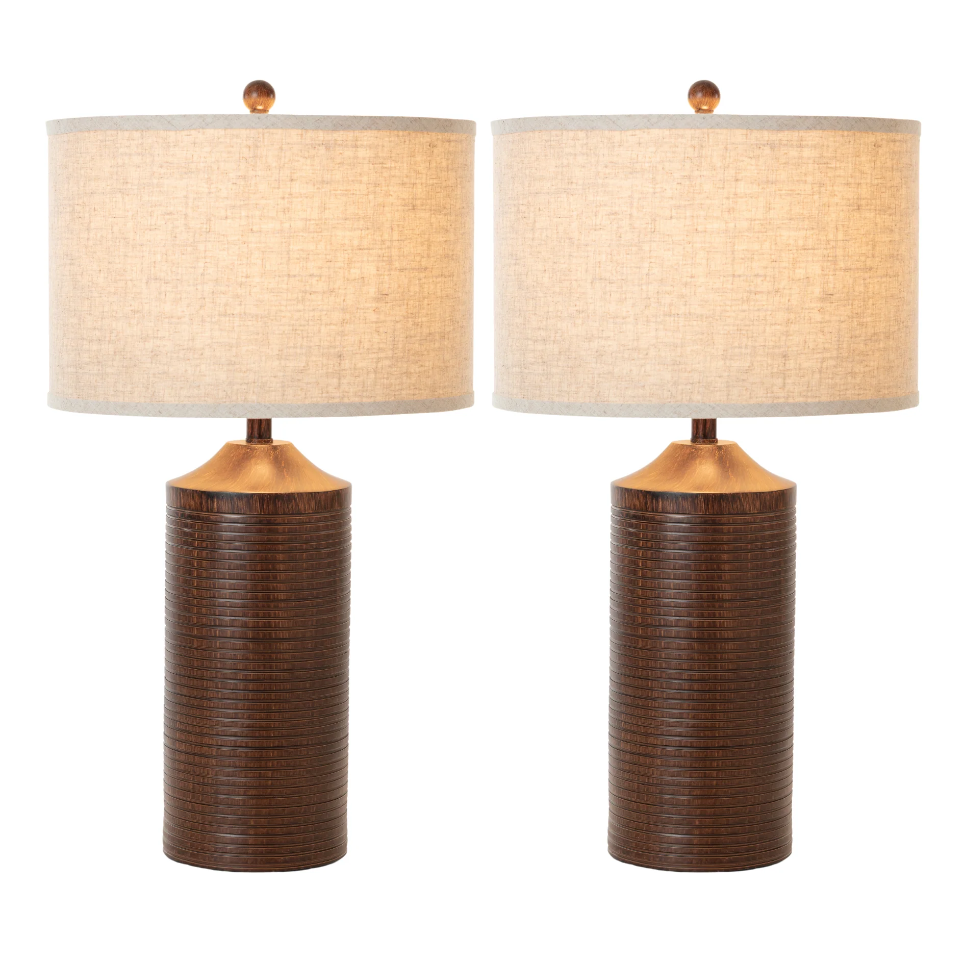 Set of Two Distressed Brown Table Lamp USB With Beige Drum Shade By Homeroots - Image 3