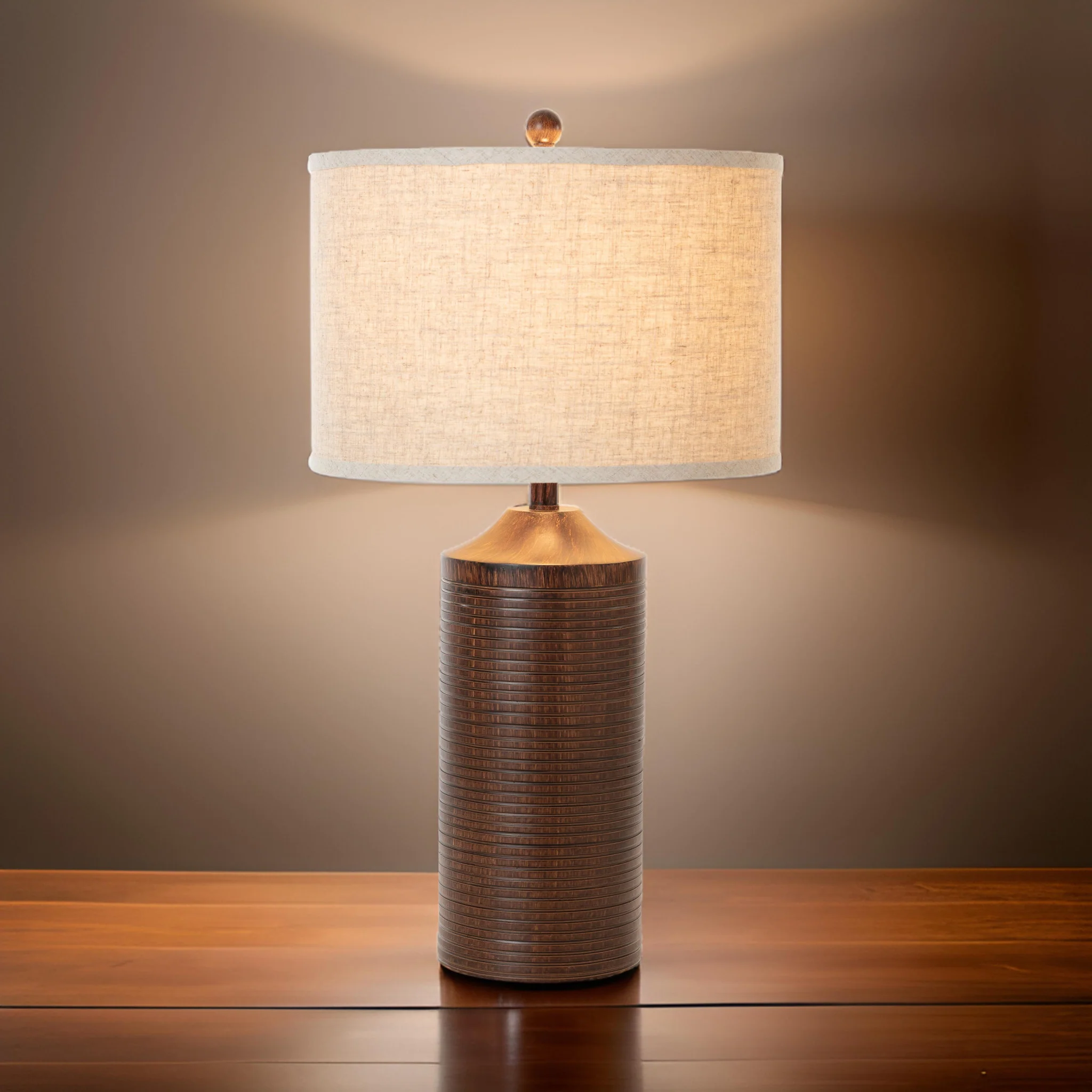 Set of Two Distressed Brown Table Lamp USB With Beige Drum Shade By Homeroots - Image 6