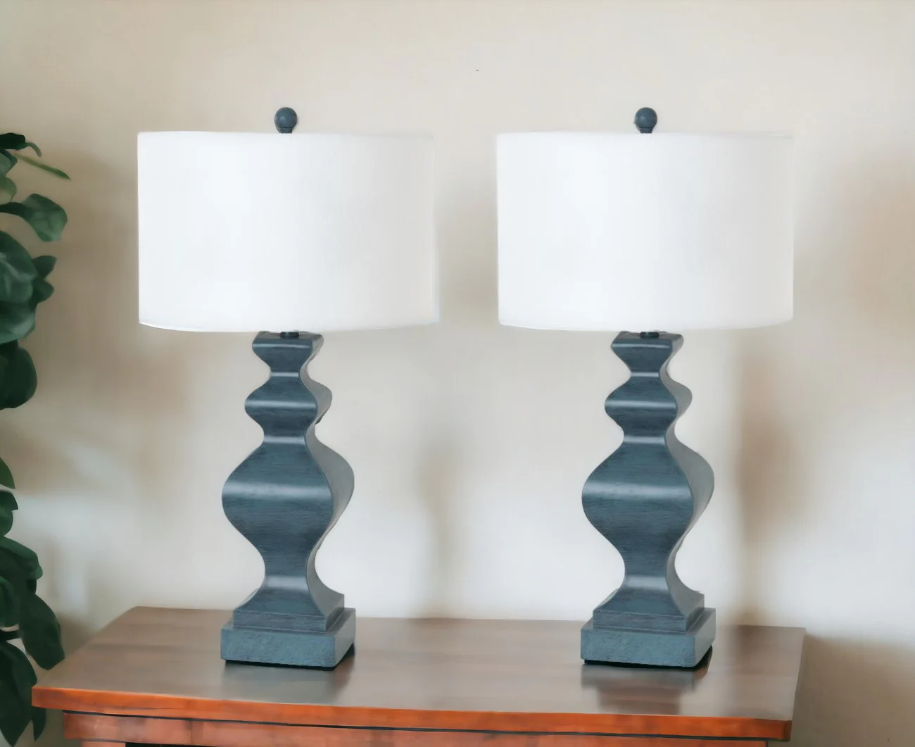 Set of Two Distressed Teal Table Lamps With White Drum Shade By Homeroots - Image 6