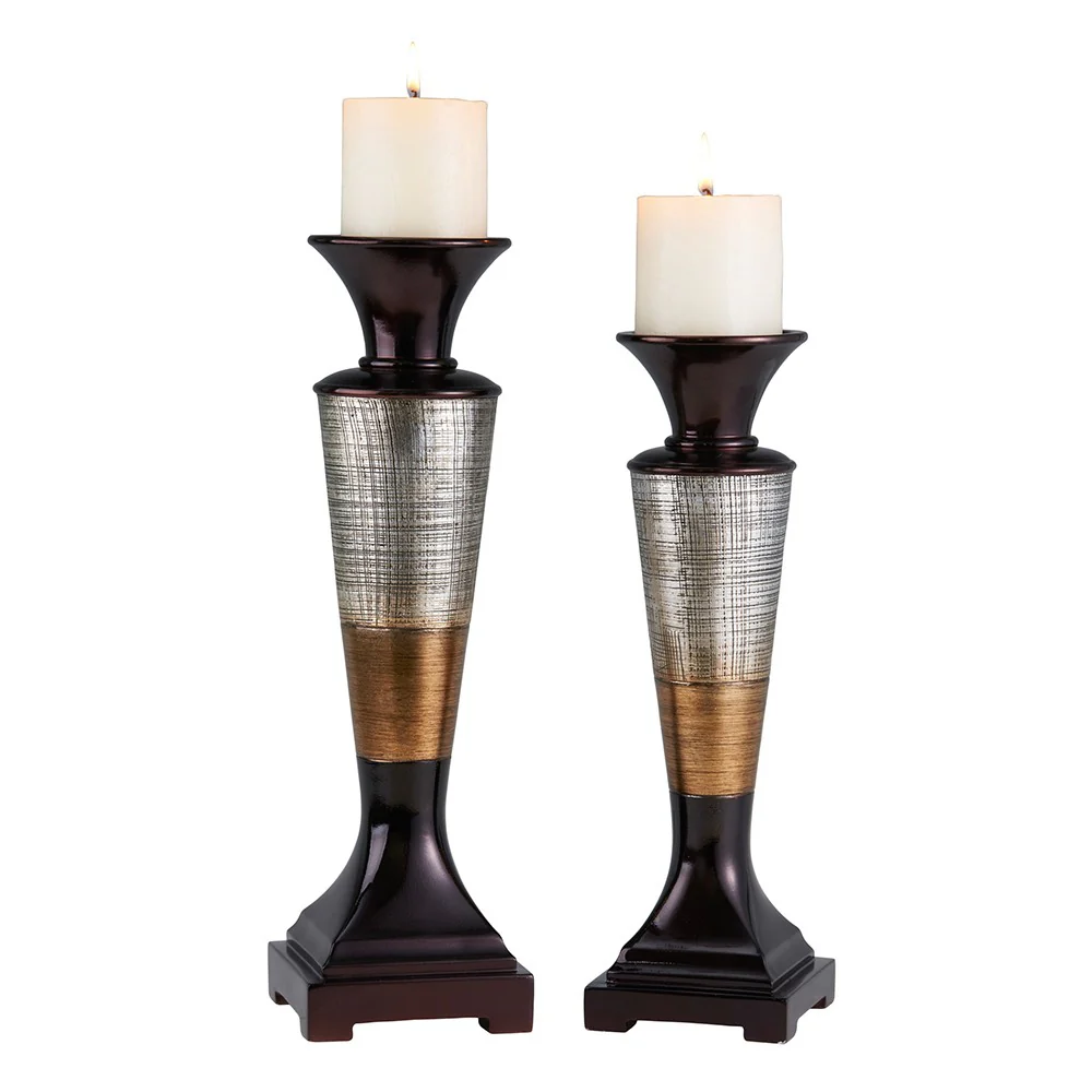 Set of Two Espresso Silver and Gold Polyresin Striped Centerpiece Pillar Candle Holders With Candle By Homeroots - Image 2