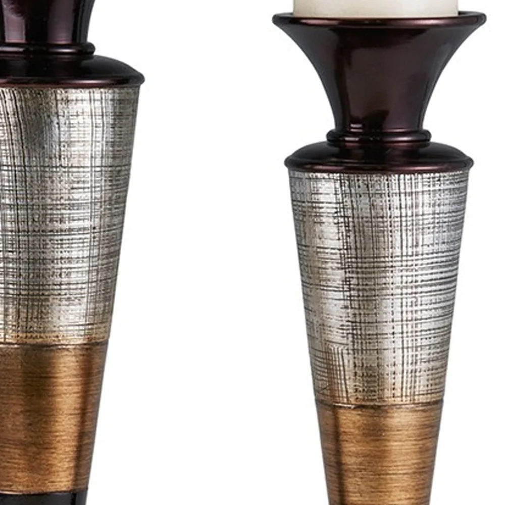Set of Two Espresso Silver and Gold Polyresin Striped Centerpiece Pillar Candle Holders With Candle By Homeroots - Image 3