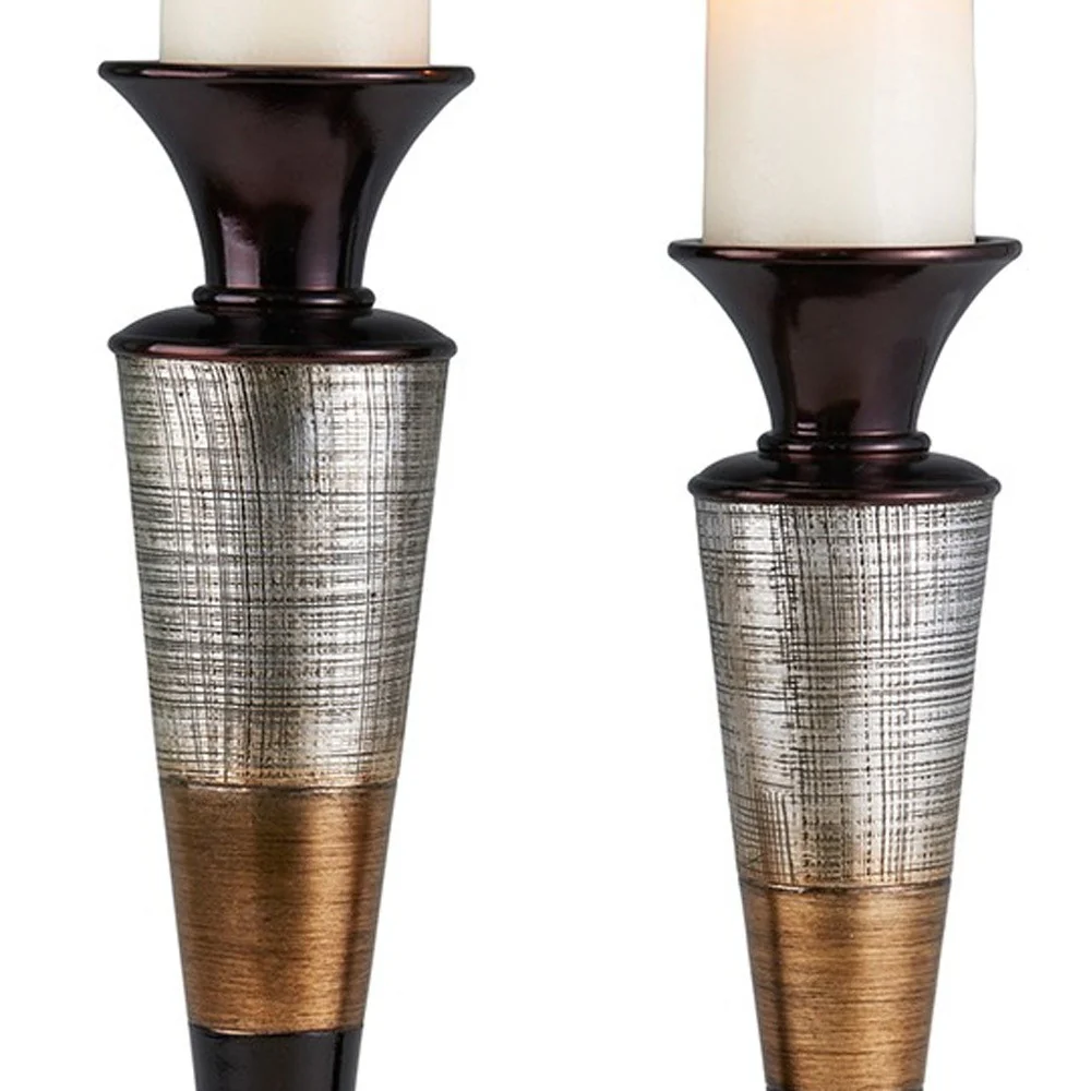 Set of Two Espresso Silver and Gold Polyresin Striped Centerpiece Pillar Candle Holders With Candle By Homeroots - Image 4