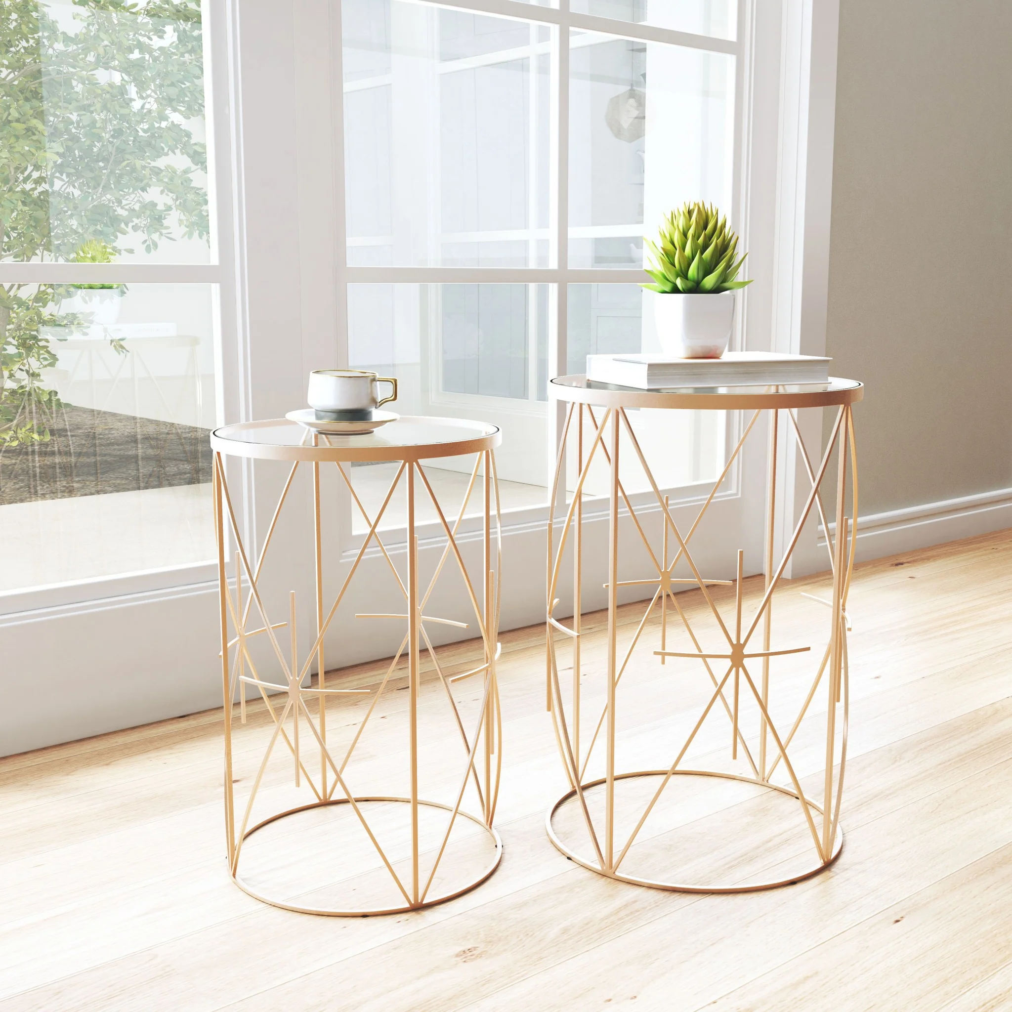 Set of Two Geometric Gold and Glass Side Tables By Homeroots - Image 8