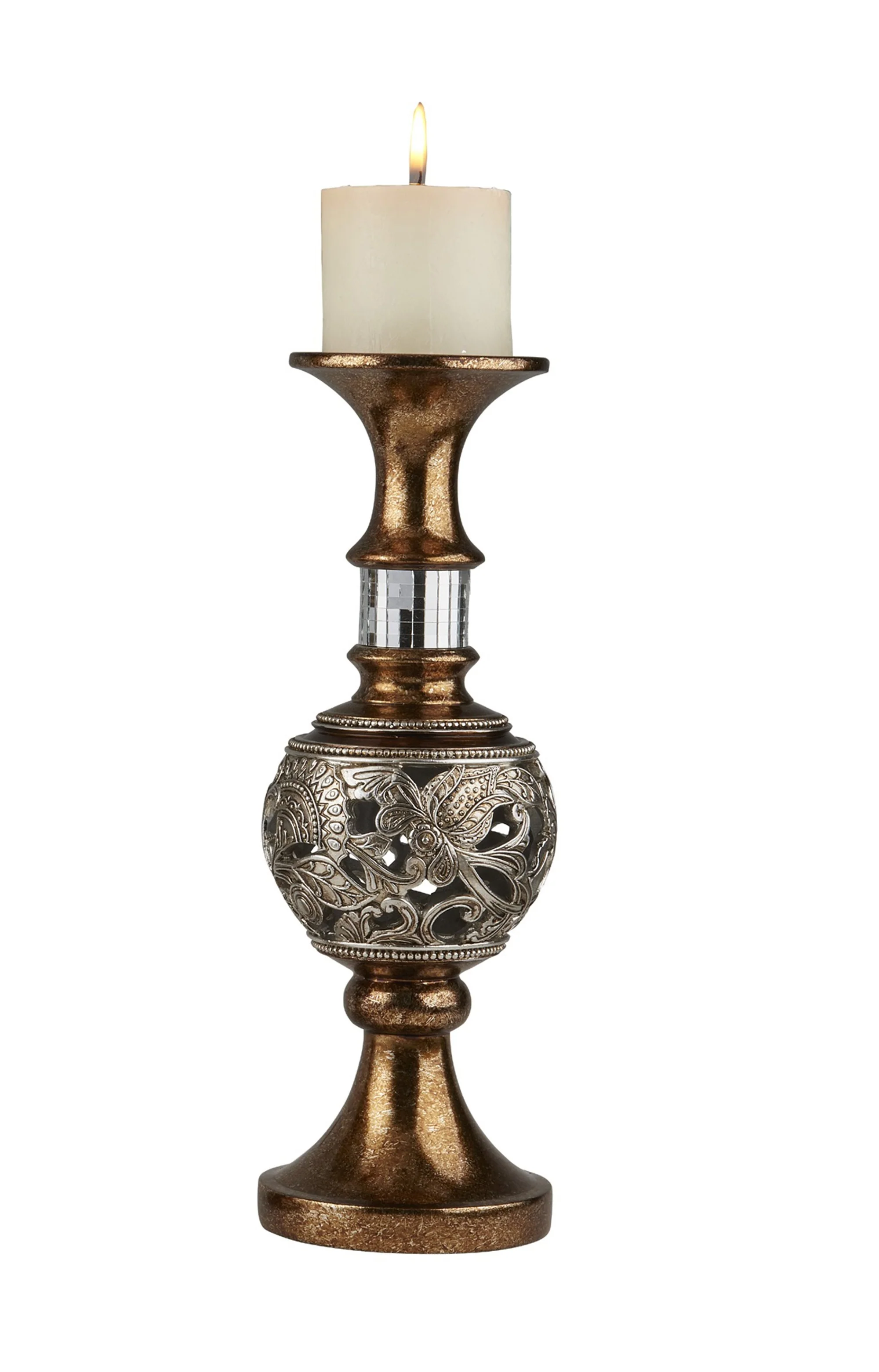 Set of Two Gold and Silver Polyresin Filigree Centerpiece Pillar Candle Holders With Candle By Homeroots - Image 3