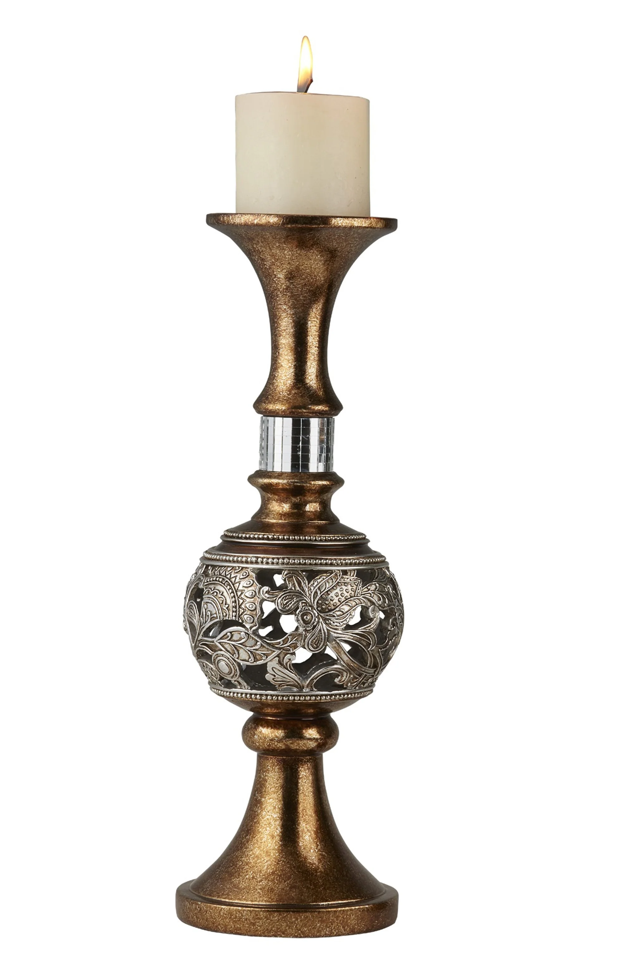 Set of Two Gold and Silver Polyresin Filigree Centerpiece Pillar Candle Holders With Candle By Homeroots - Image 4