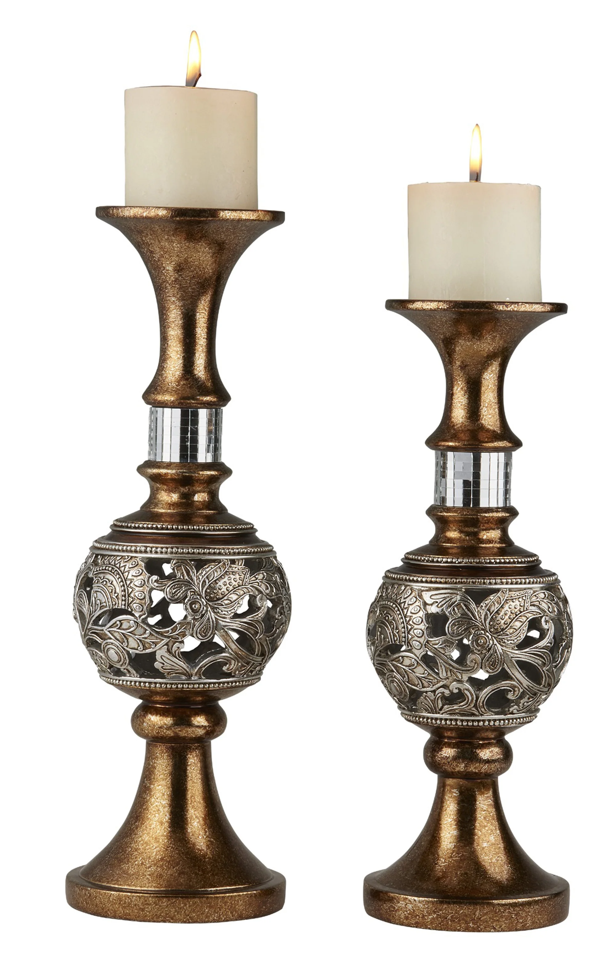 Set of Two Gold and Silver Polyresin Filigree Centerpiece Pillar Candle Holders With Candle By Homeroots - Image 5