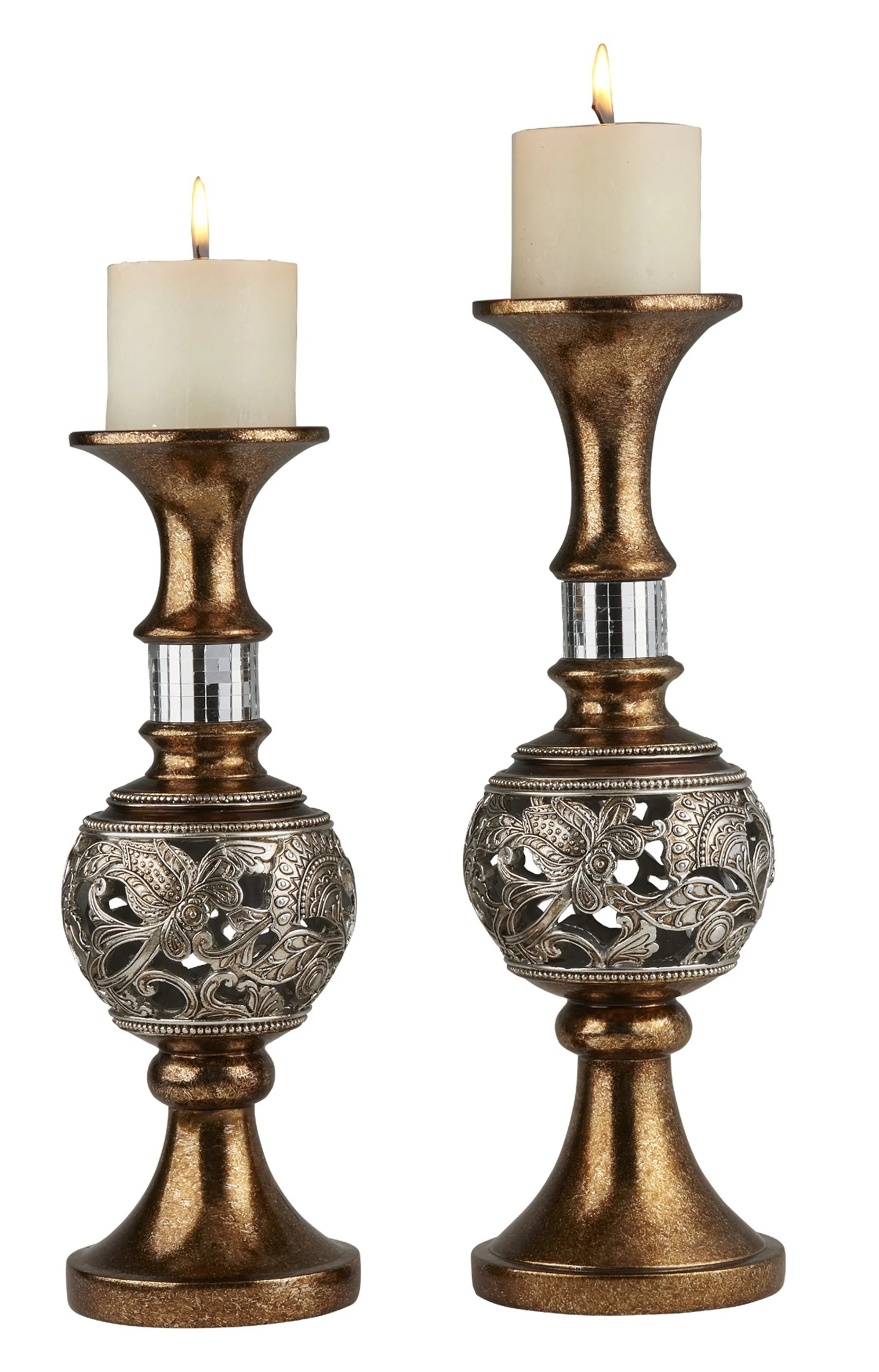 Set of Two Gold and Silver Polyresin Filigree Centerpiece Pillar Candle Holders With Candle By Homeroots - Image 6